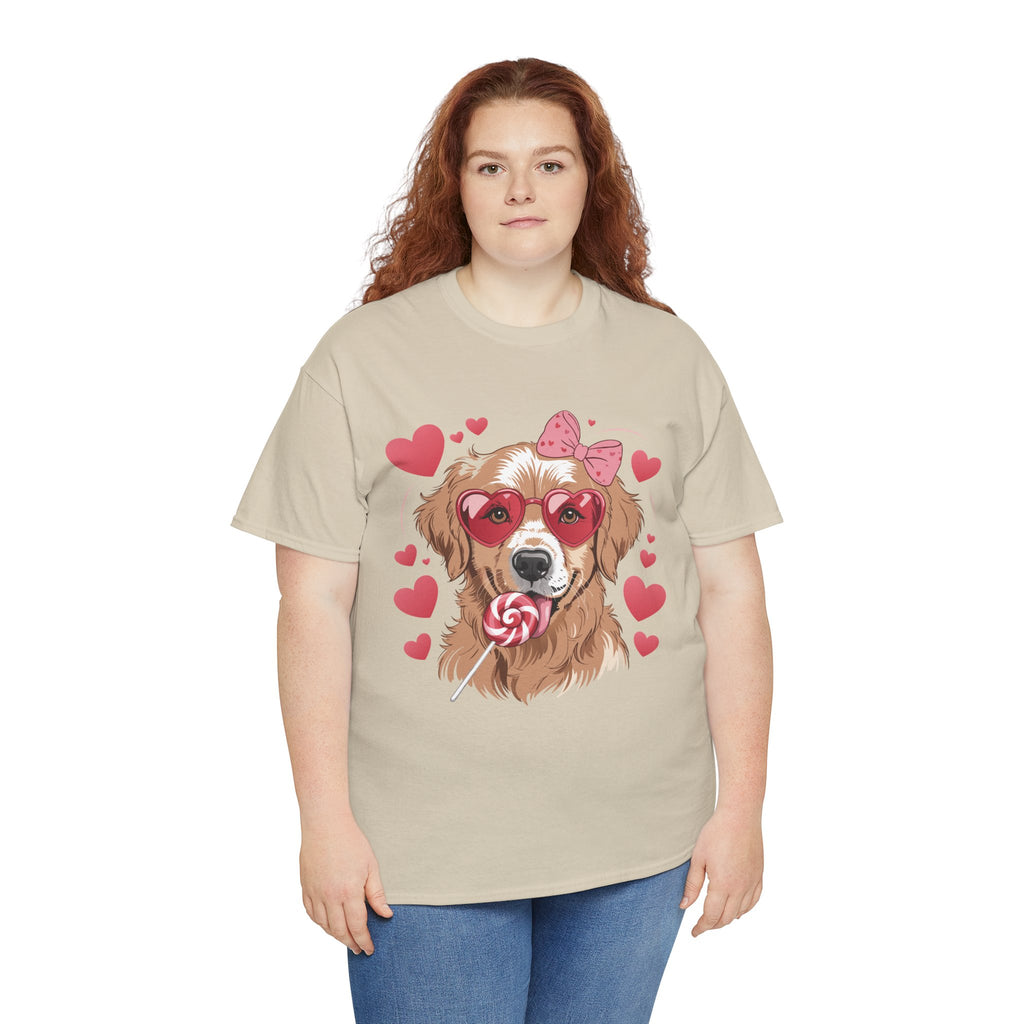 Valentine Dog T-Shirt — Cute Pup with Heart Glasses, Pink Bow & Lollipop..Unisex Cotton Tee