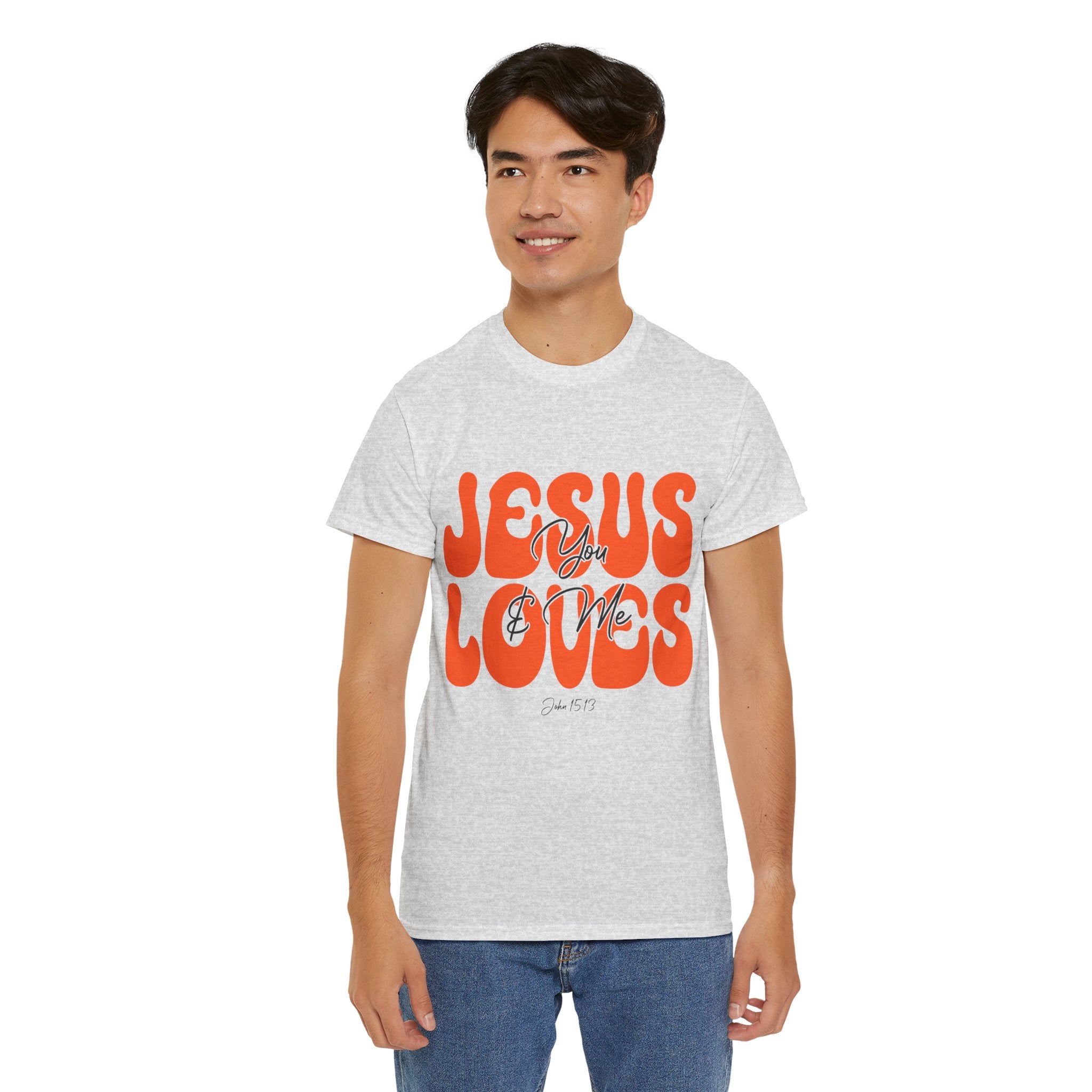 Jesus Loves You & Me Retro Tee — Playful Orange Bubbly Christian Unisex Cotton T-Shirt