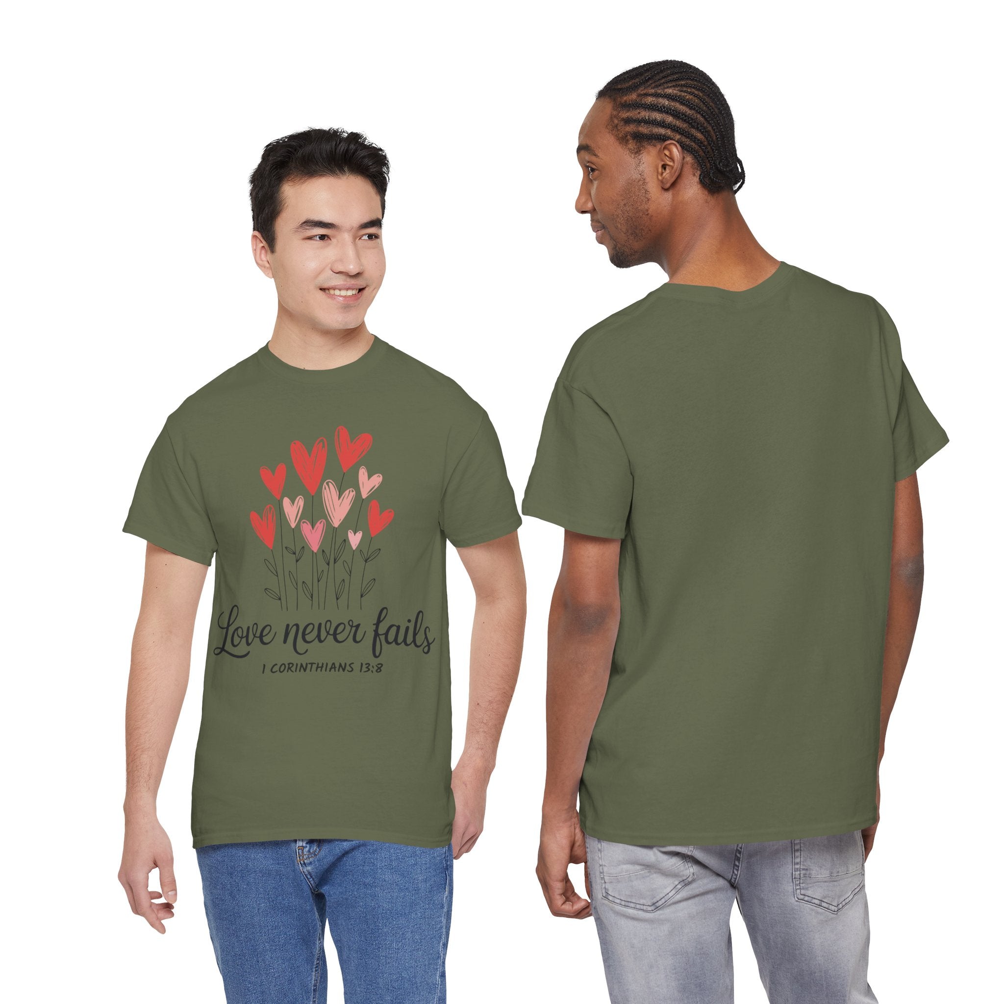 Christian Valentine T-Shirt — "Love Never Fails" (1 Corinthians 13:8) Unisex Cotton Tee