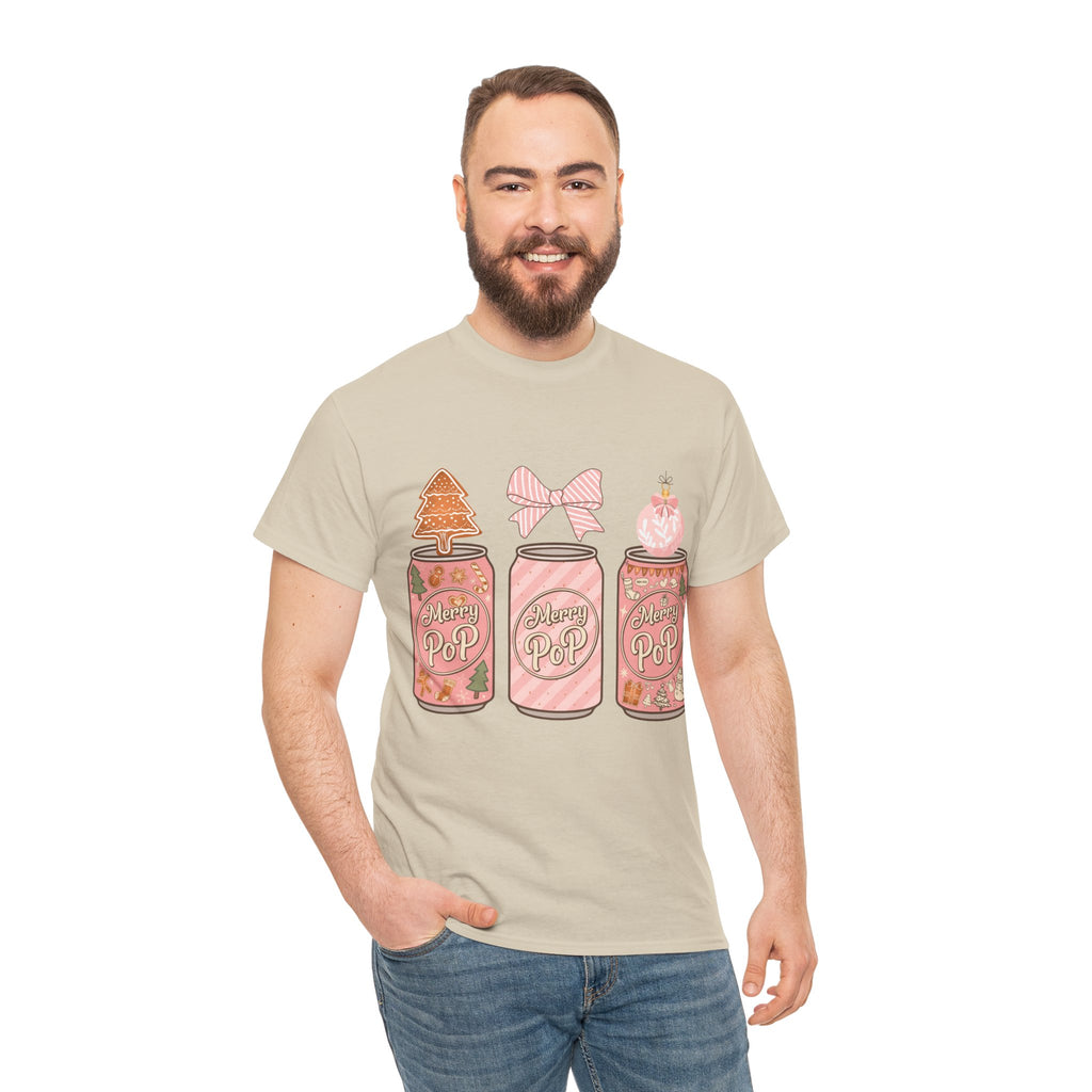 Merry Pop Christmas Soda Can Tee — Pastel Holiday Graphic Unisex Cotton T-Shirt