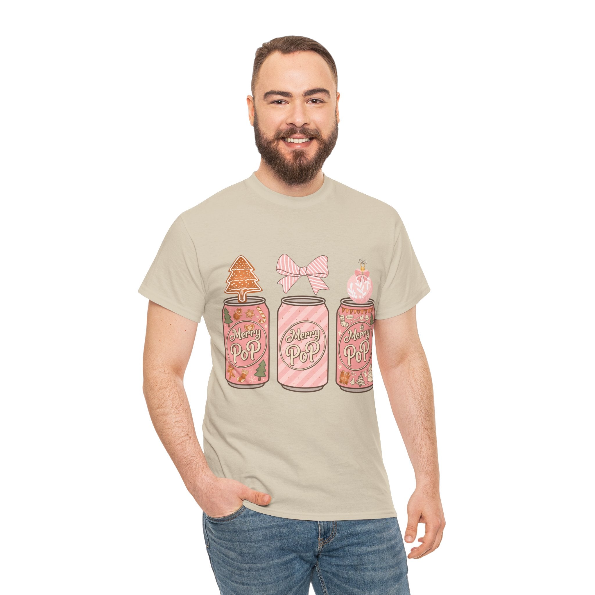 Merry Pop Christmas Soda Can Tee — Pastel Holiday Graphic Unisex Cotton T-Shirt