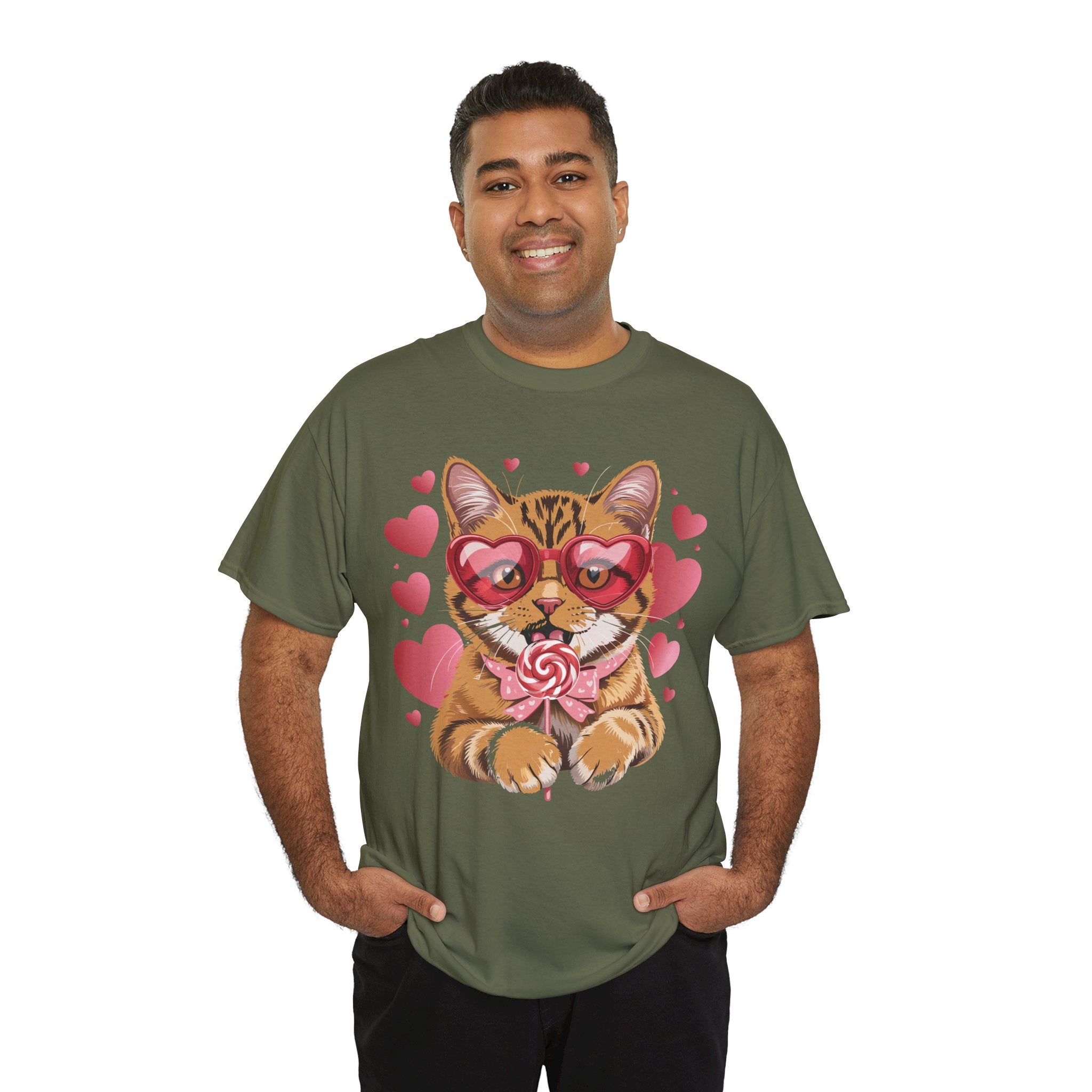 Valentine Cat Tee — Heart Glasses, Lollipop Bow Unisex Cotton Tee