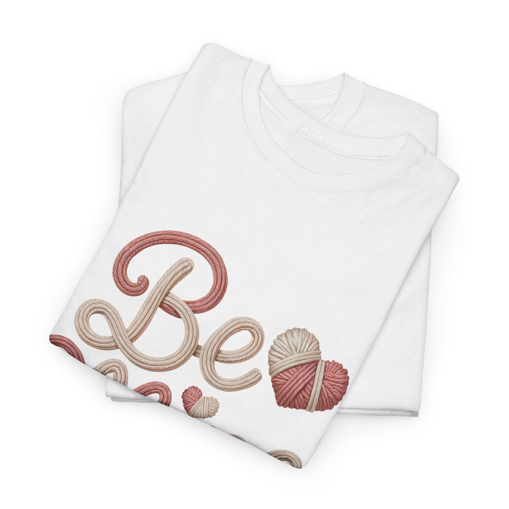 Be Mine Yarn Heart T-Shirt — Valentine’s Faux-Yarn Pink & Cream Unisex Cotton Tee