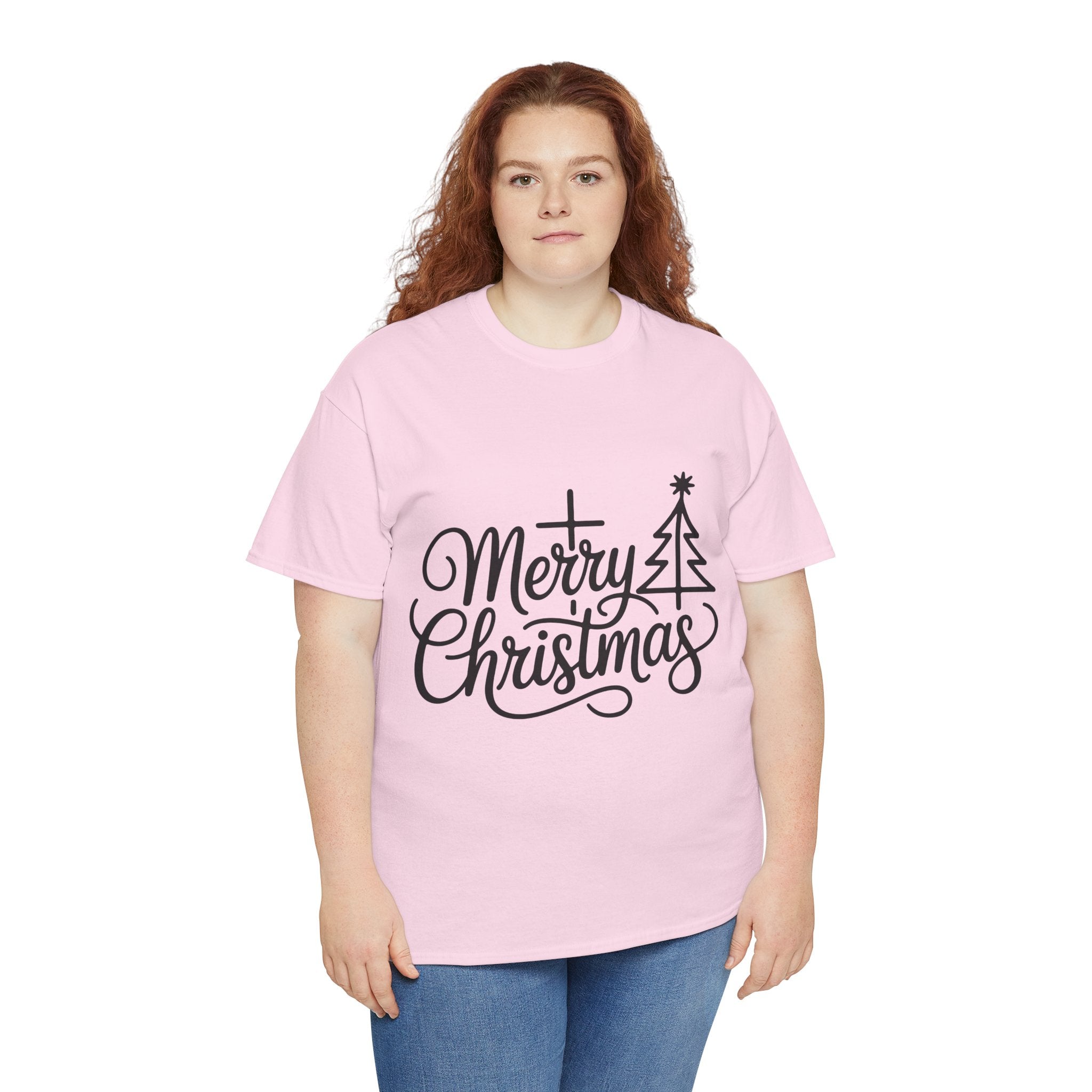 Merry Christmas Script T-Shirt with Cross & Tree(Unisex Cotton Tee)