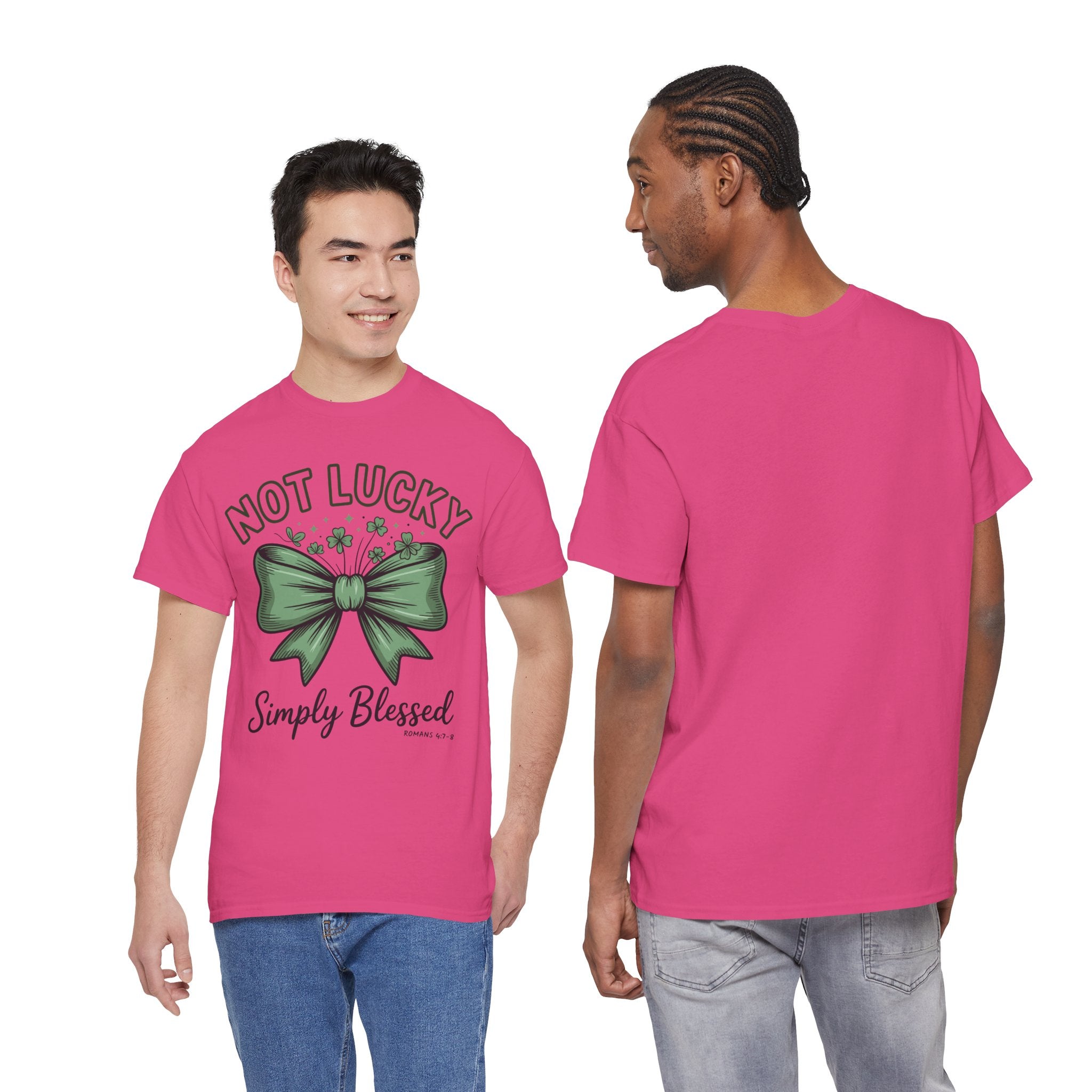 Not Lucky, Simply Blessed T-Shirt — Green Bow & Clovers St. Patrick’s Unisex Cotton Tee