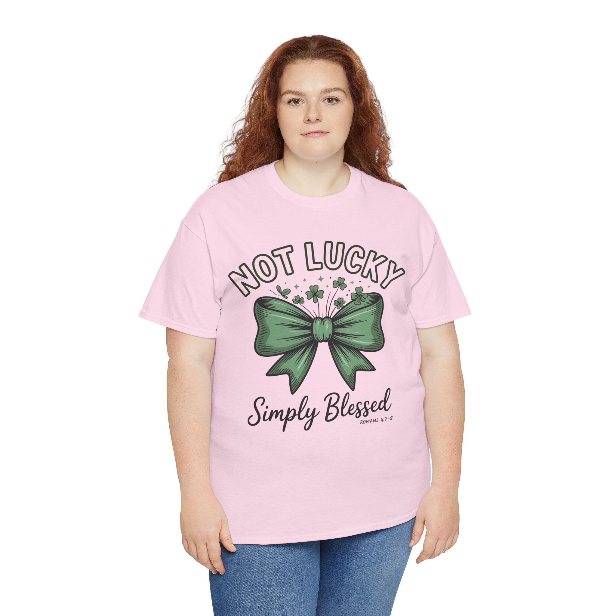 Not Lucky, Simply Blessed T-Shirt — Green Bow & Clovers St. Patrick’s Unisex Cotton Tee