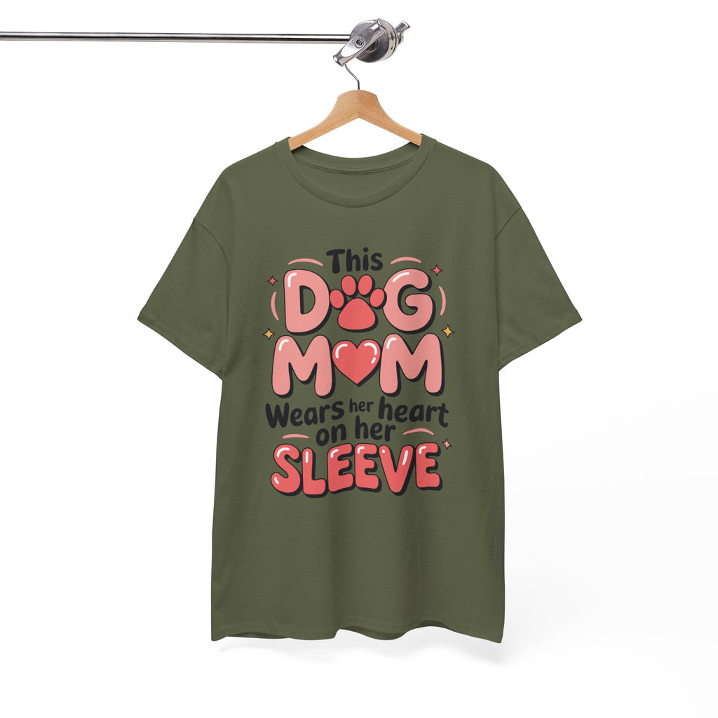 Dog Mom T-Shirt — "This Dog Mom Wears Her Heart on Her Sleeve" Paw & Heart Unisex Cotton Tee