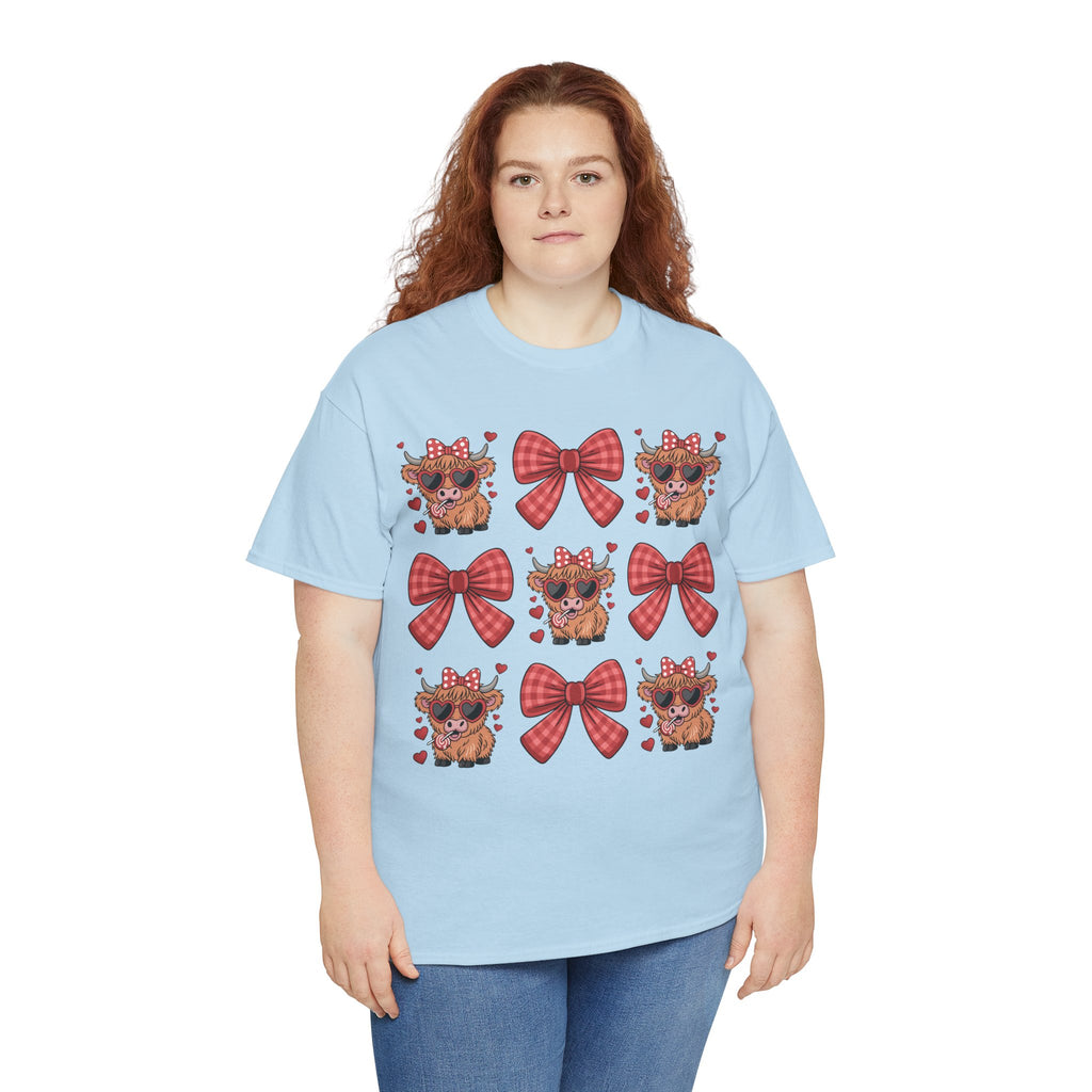 Valentine Cow Checkered Tee — Fluffy Cows with Heart Sunglasses & Red Bows..Unisex Cotton Tee