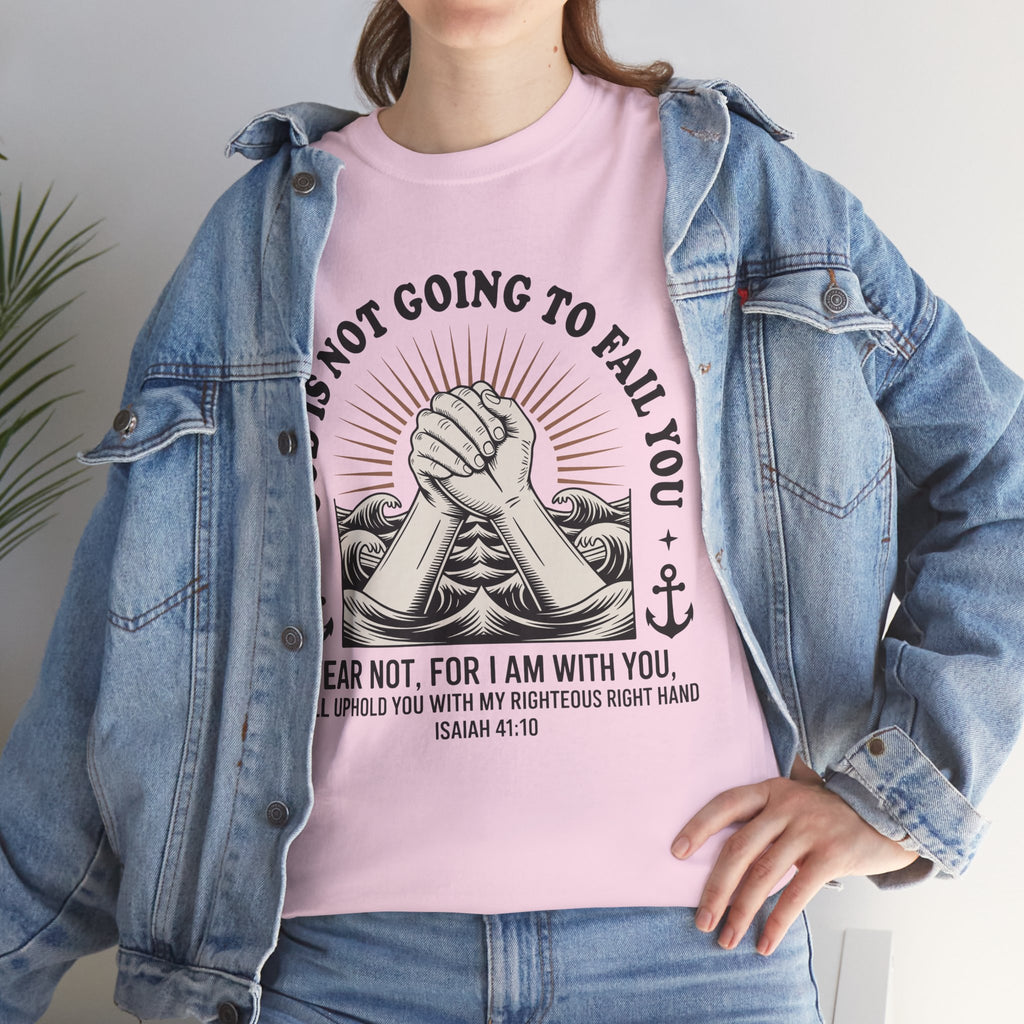 Isaiah 41:10 "Fear Not, For I Am With You" T-Shirt — Clasped Hands Rising from Waves Christian Unisex Cotton Tee