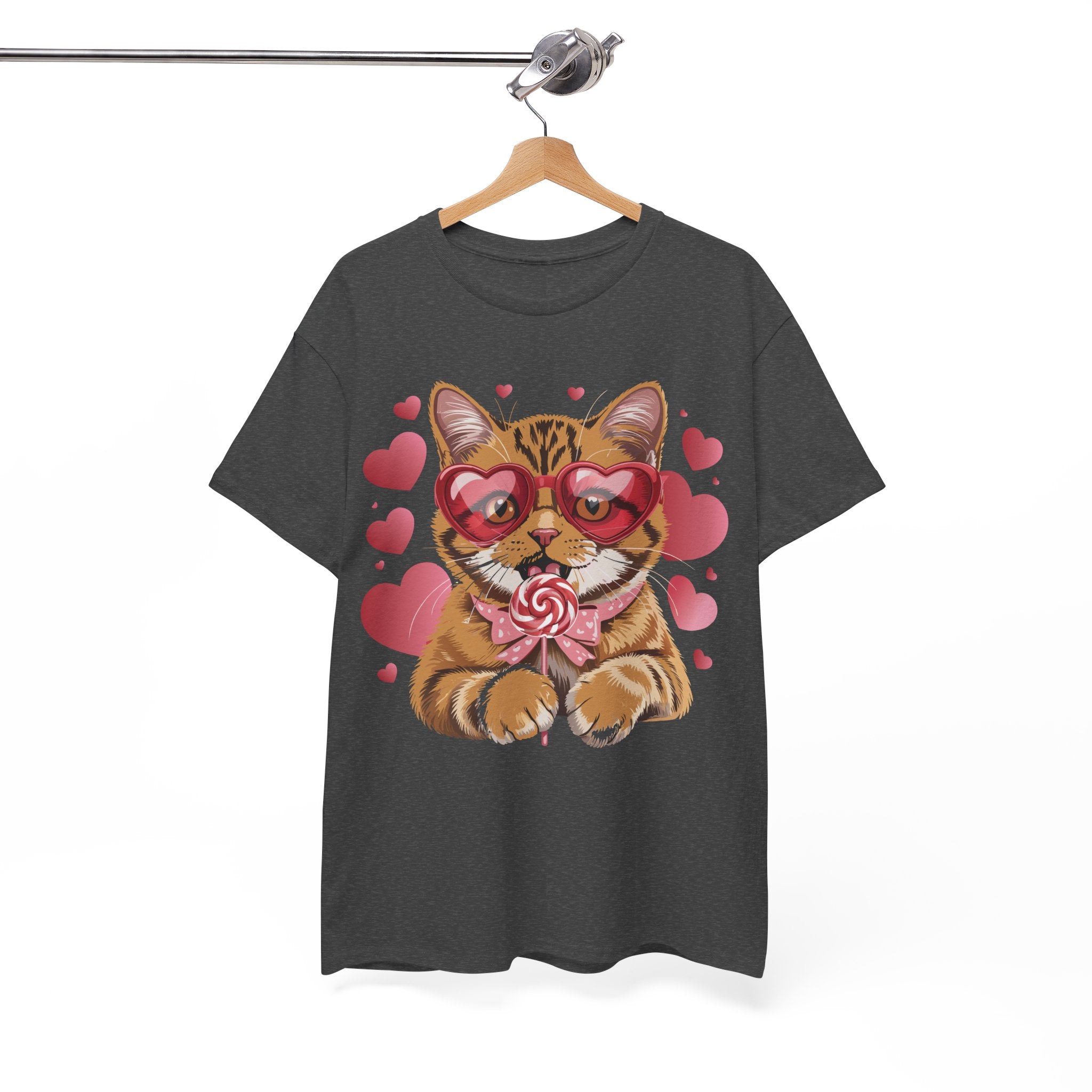 Valentine Cat Tee — Heart Glasses, Lollipop Bow Unisex Cotton Tee