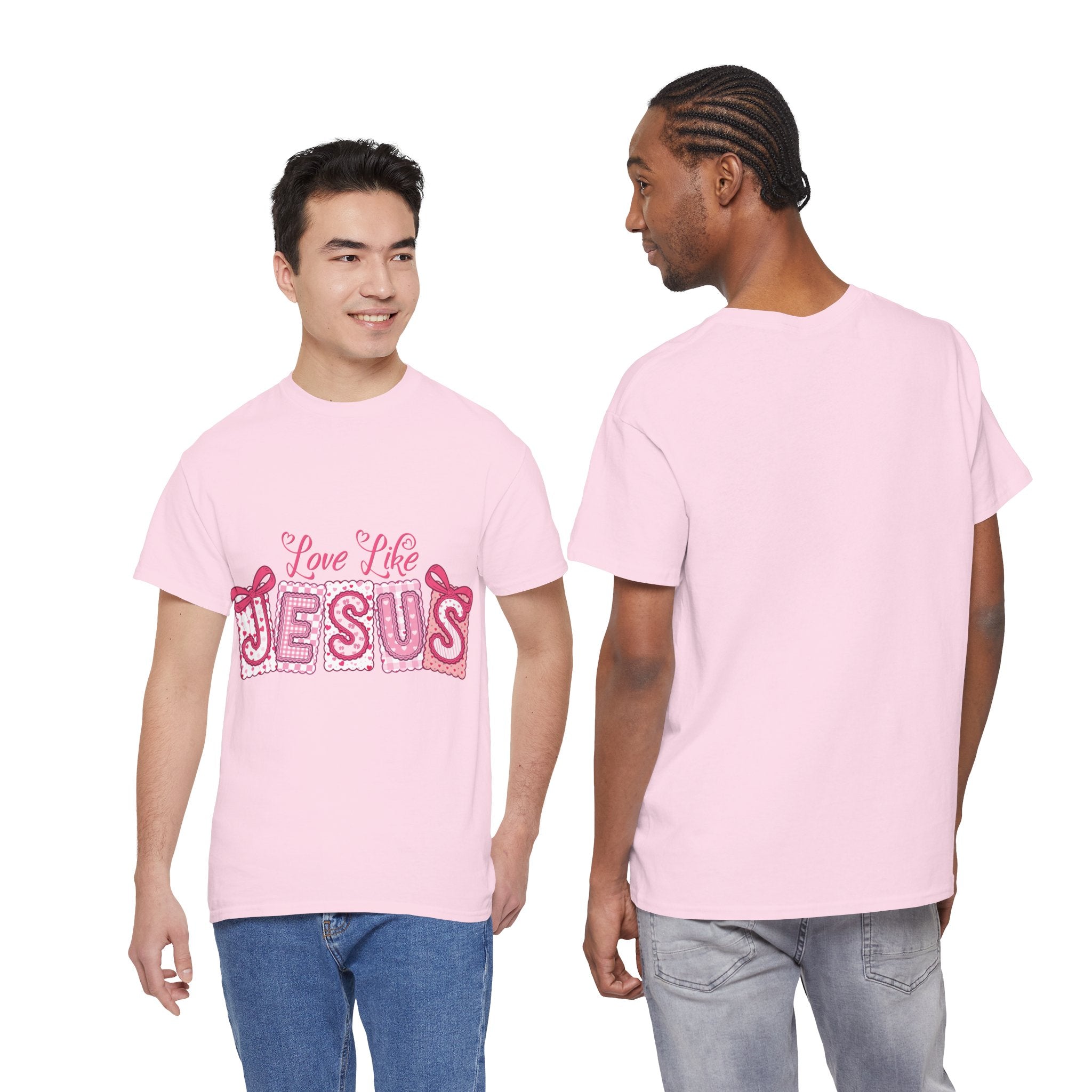 Love Like Jesus Patchwork Tee — Pink Stitched Heart Graphic.Unisex Cotton Tee