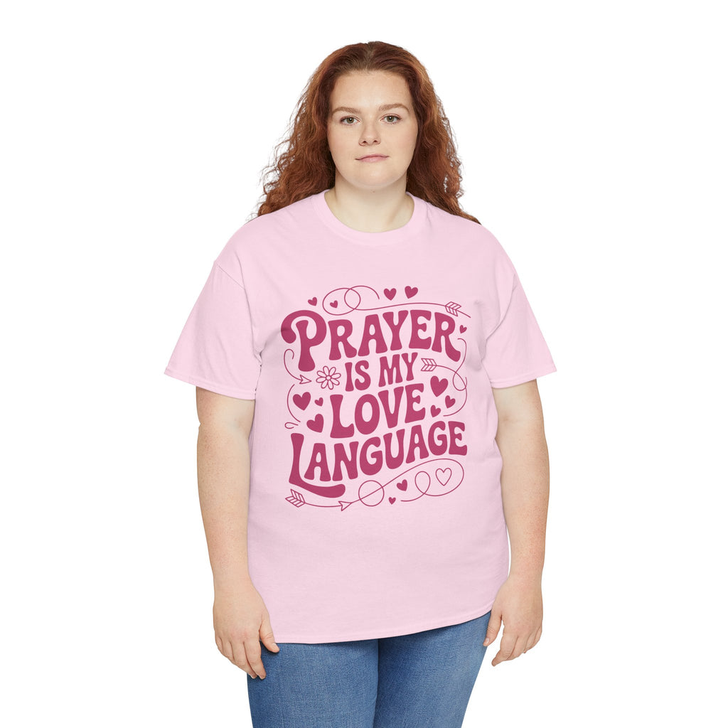 Prayer Is My Love Language Christian Tee — Pastel Pink Hearts Unisex Cotton Tee