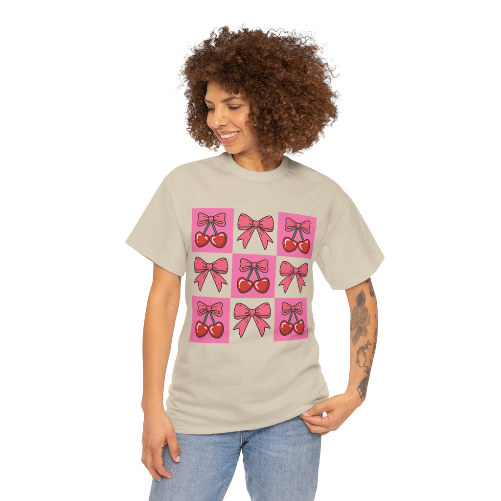 Cherry & Pink Bow Checkered Unisex Cotton Tee