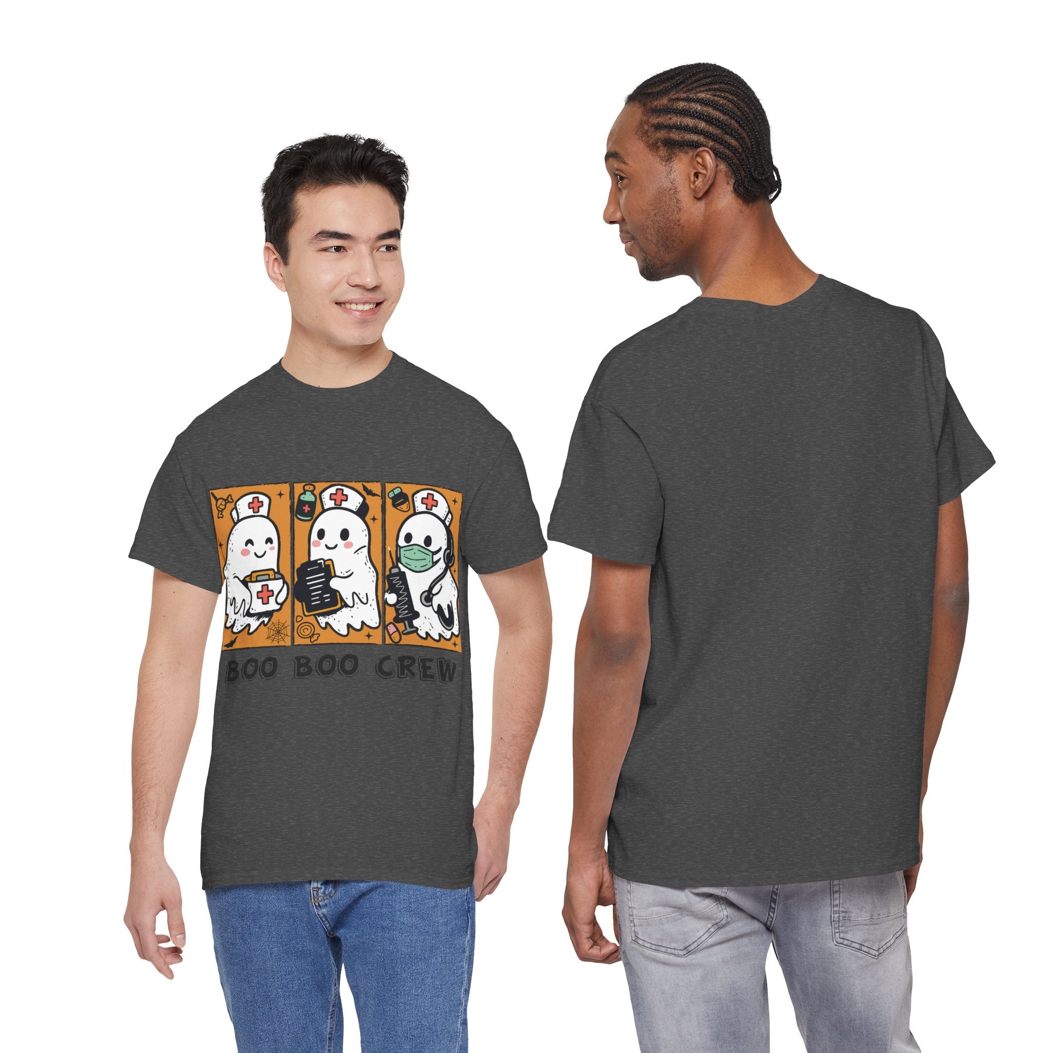 Halloween Nurse T-Shirt — Ghost Nurses Holding Medical Tools on Orange Unisec Cotton Tee