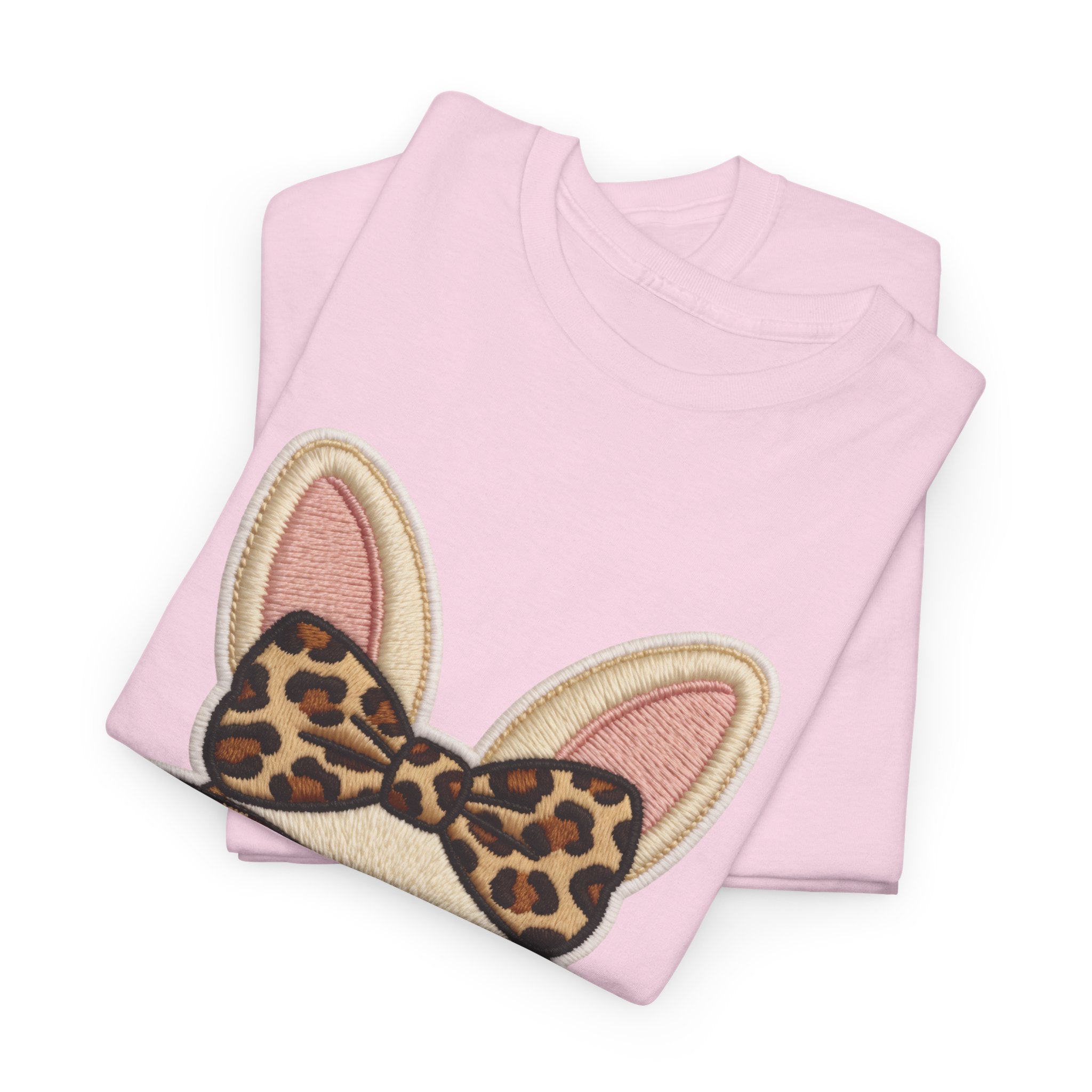 Leopard Bow Bunny Embroidered Tee — Cute Bunny Face with Glasses Patch Unisex Cotton Tee
