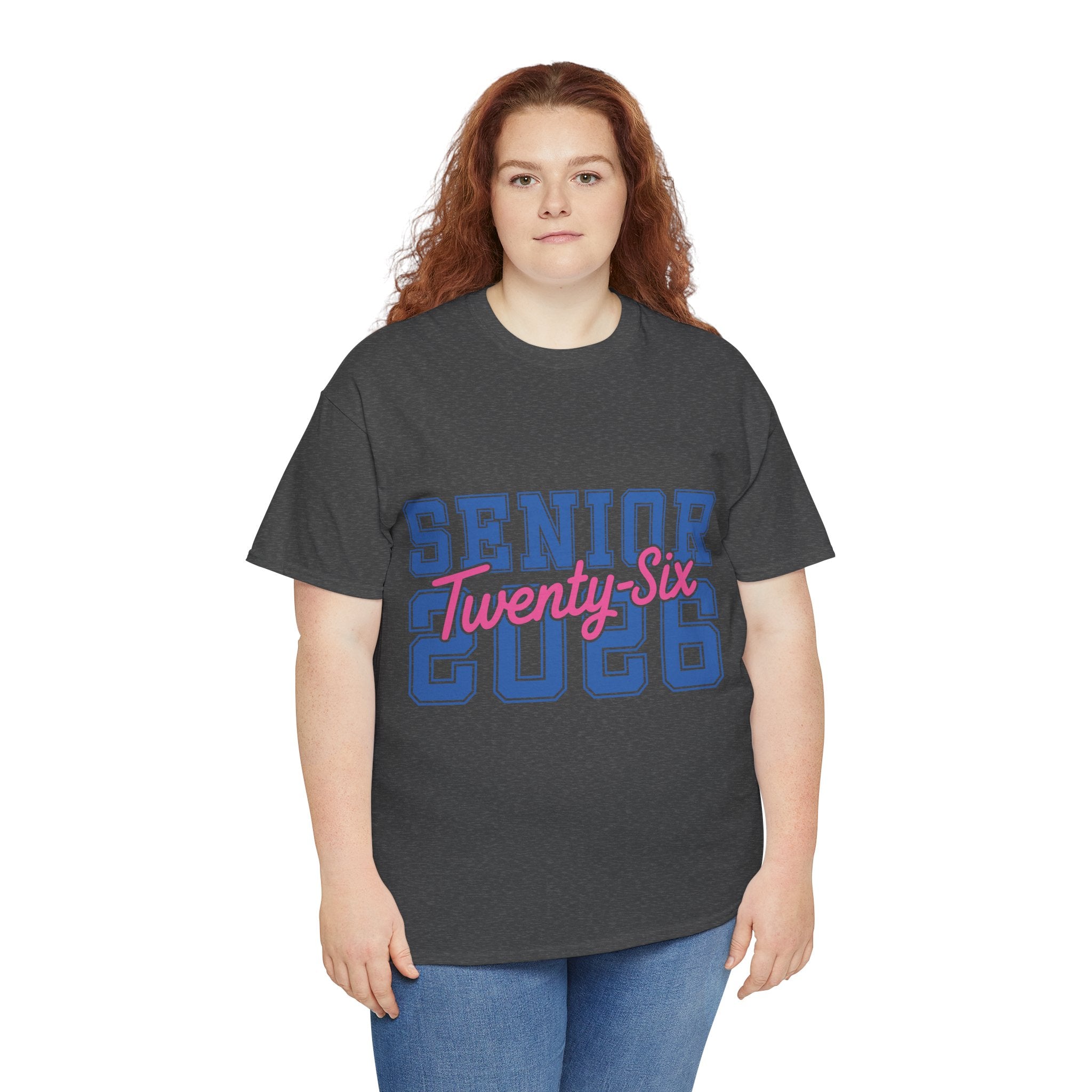 Senior 2026 Tee — Pink Varsity Block with Blue Script Overlay Unisex Cotton Tee