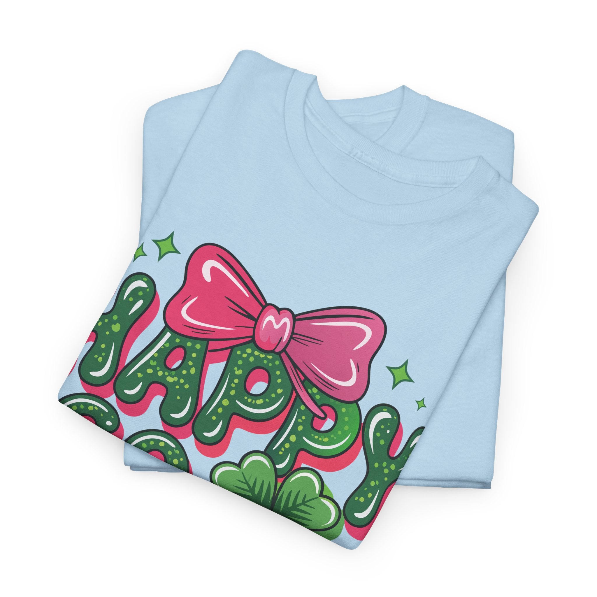 Happy Go Lucky Four-Leaf Clover Tee — Glossy Green Letters & Pink Bow Unisex Cotton Tee
