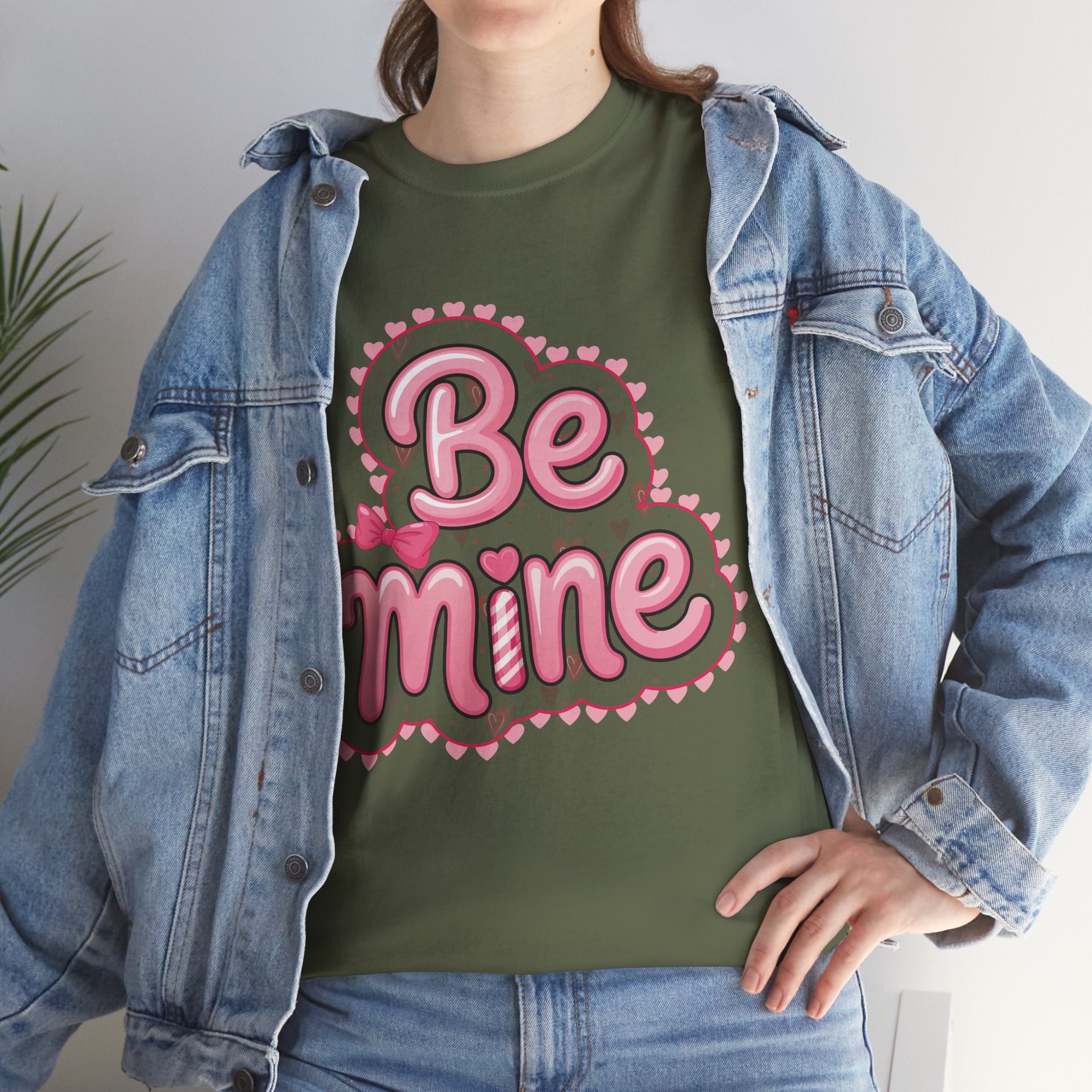 Be Mine Valentine T-Shirt — Pink Bubble Letters with Hearts & Bow..Unisex Cotton Tee