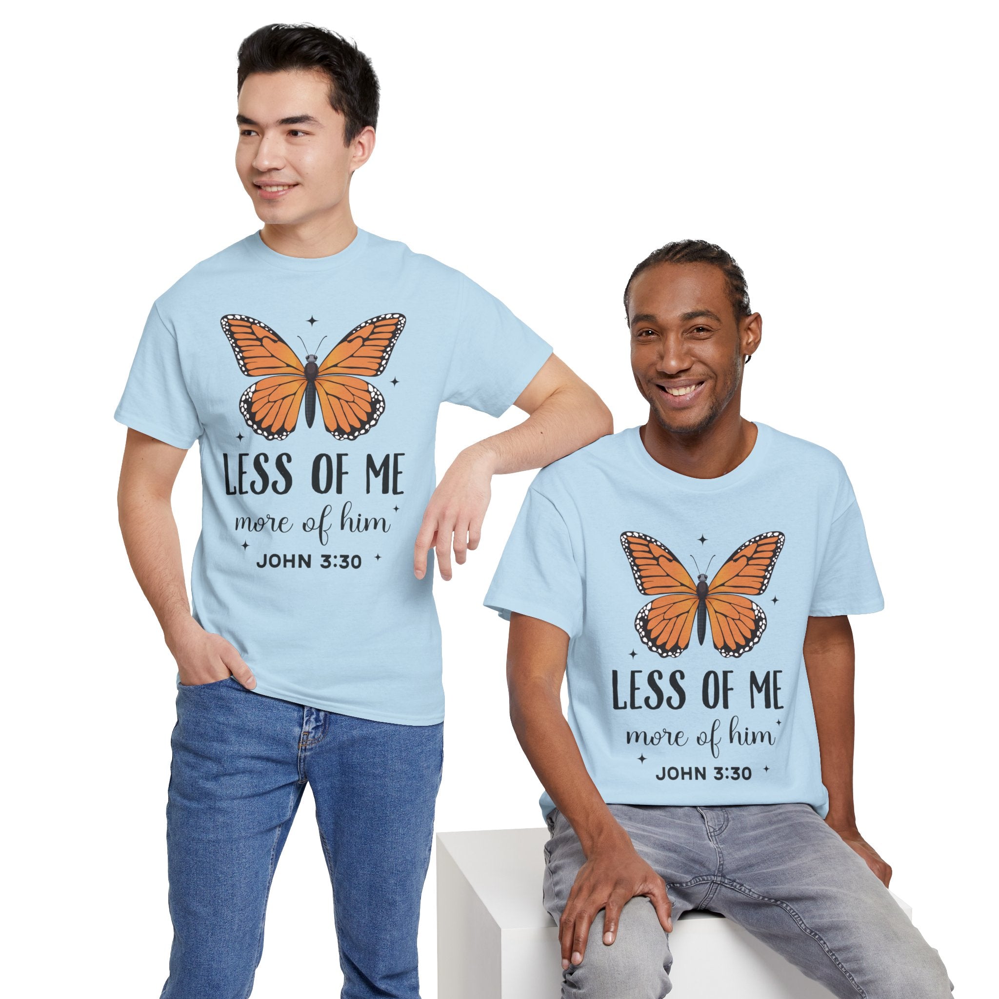 Monarch Butterfly Tee — "Less of Me, More of Him" Christian Unisex cotton T‑Shirt
