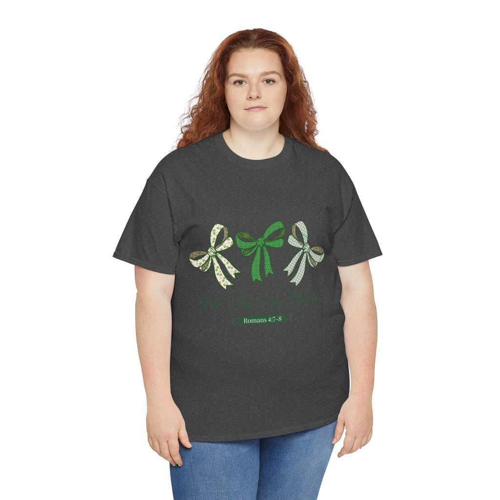 Not Lucky Simply Blessed Tee — Romans 4:7-8 Green Bow Christian Unisex Cotton T-Shirt
