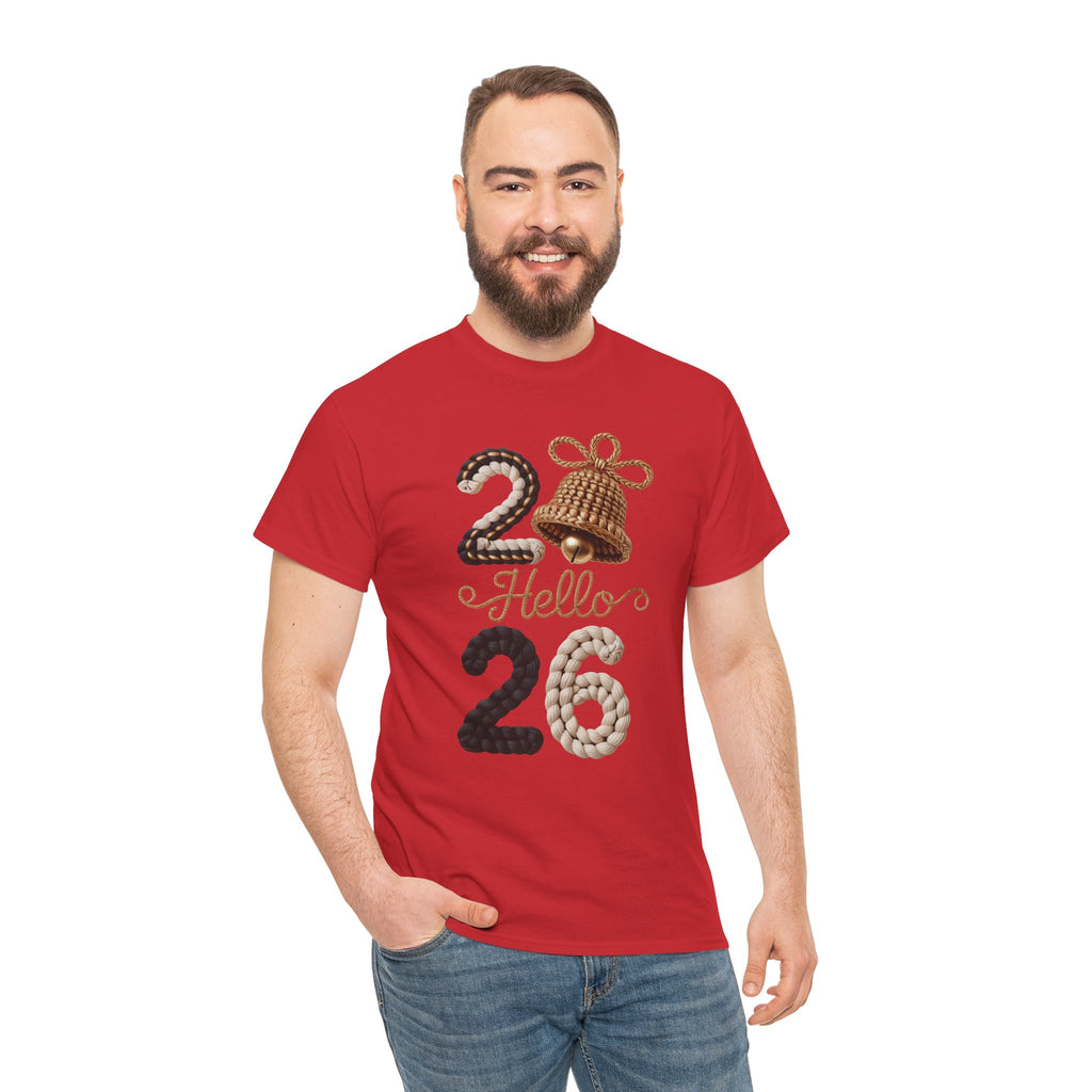 Hello 2026 Tee — Cozy Faux Yarn Braided Numbers with Woven Golden Bell..Unisex Cotton Tee