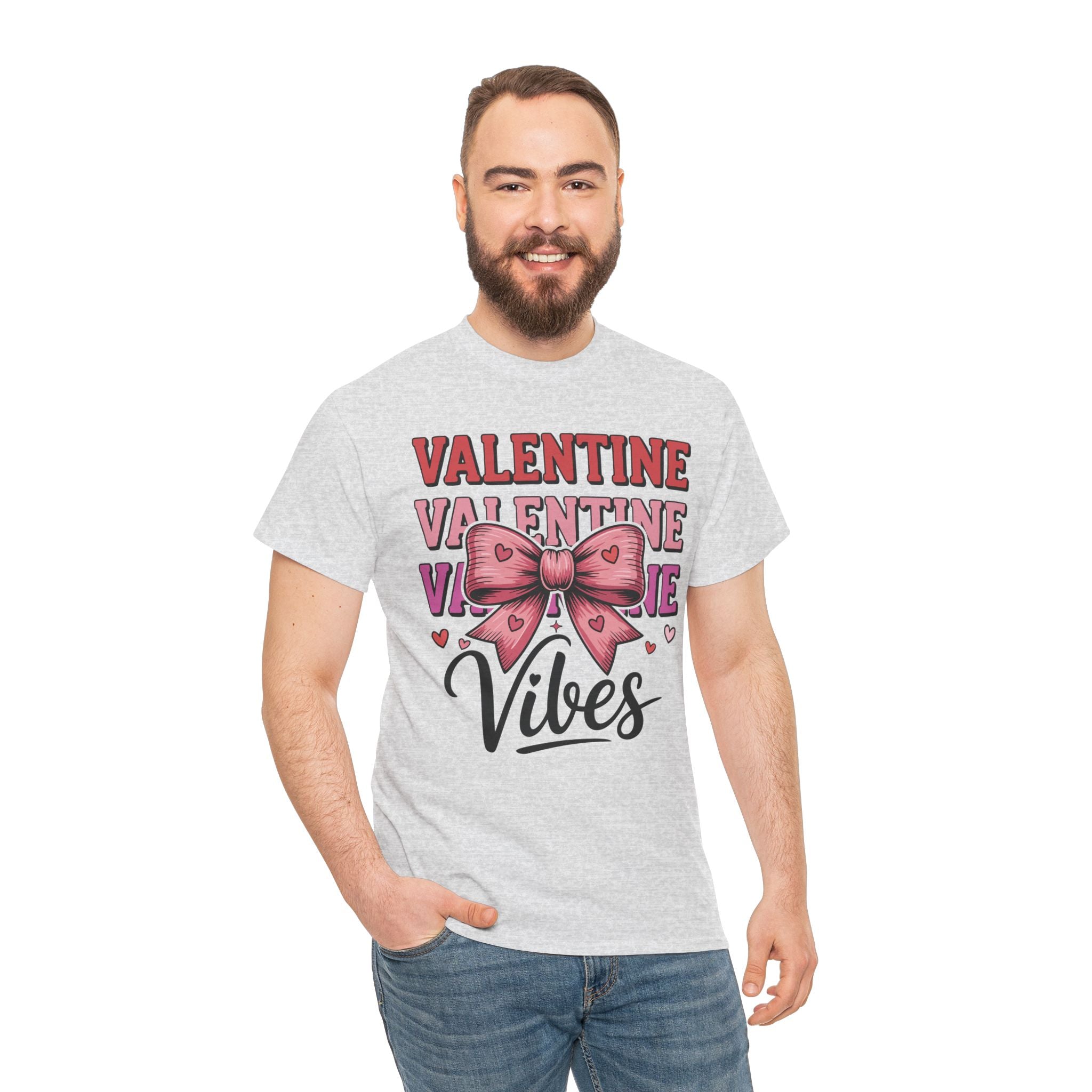 Valentine Vibes T-Shirt — Pink Bow Heart Graphic Unisex Cotton Tee