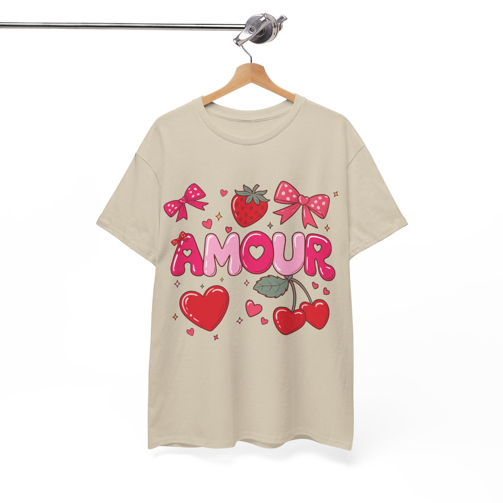 Amour Pink Hearts Tee — Shiny Lettering with Bows, Cherries & Strawberry Accent...Unisex Cotton Tee