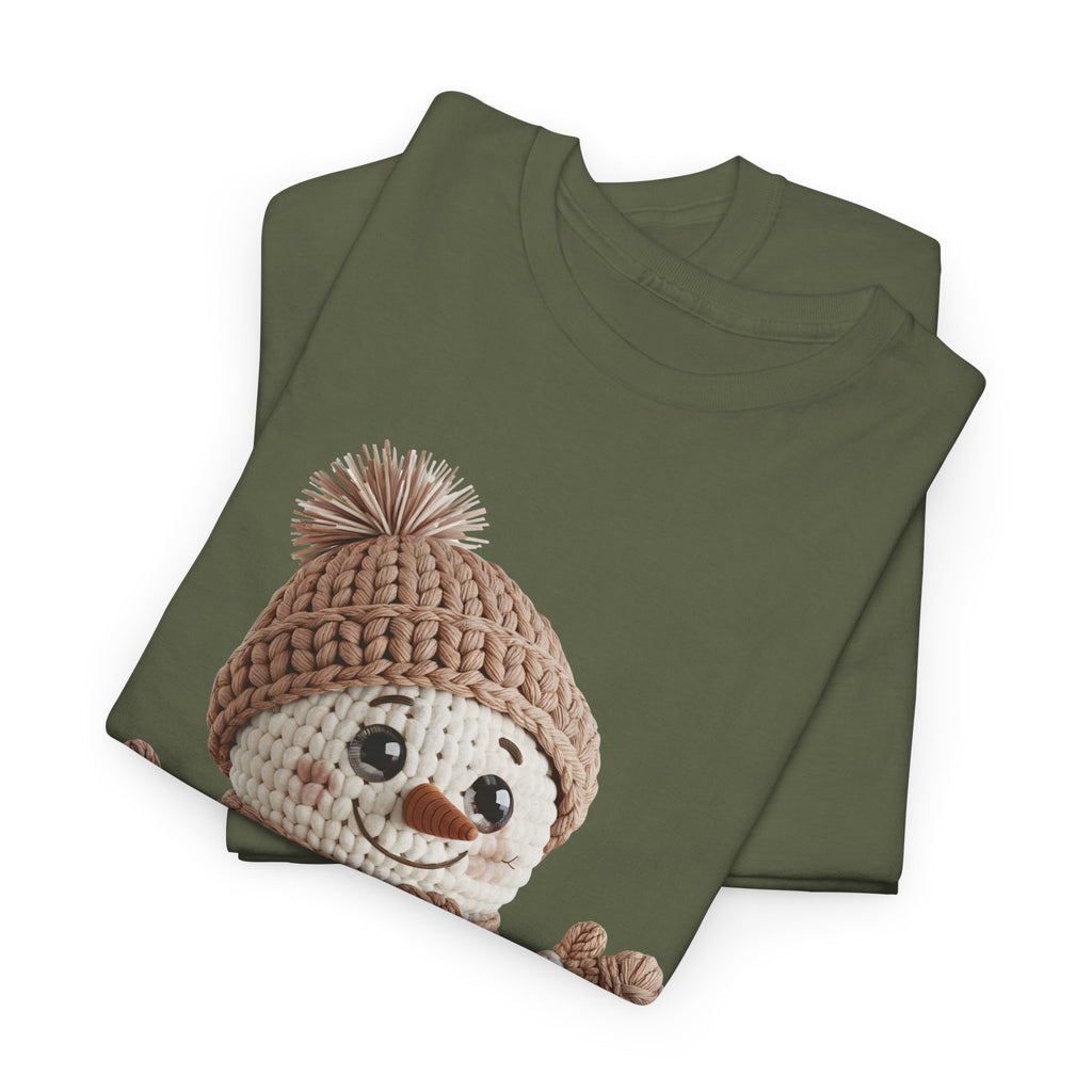 Snowman Knit‑Style Graphic Tee — Cute Faux‑Yarn Snowman with Hat, Scarf & Mittens.Unisex Cotton Tee