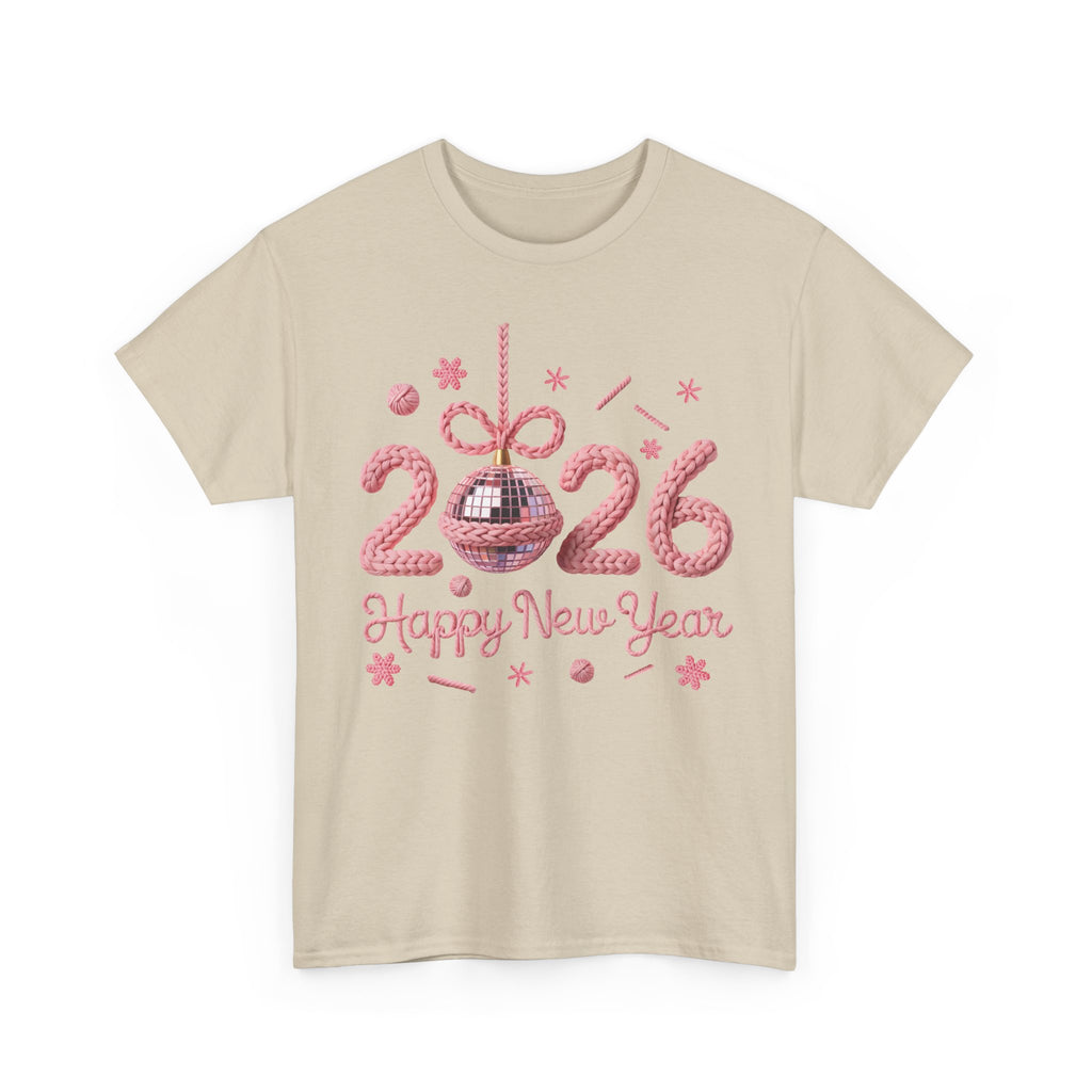 2026 Happy New Year Pink Knitted Disco Ball Unisex Cotton Tee