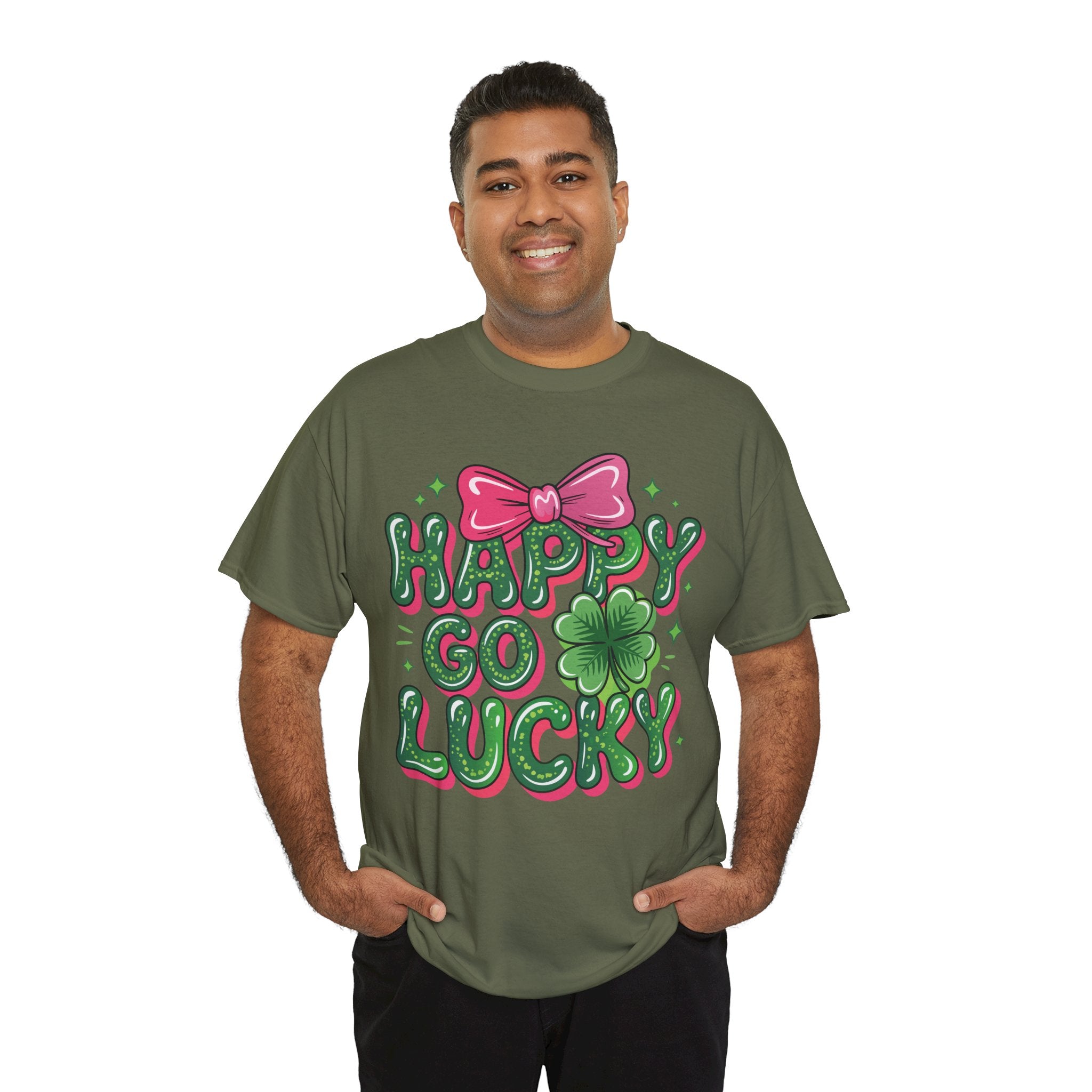 Happy Go Lucky Four-Leaf Clover Tee — Glossy Green Letters & Pink Bow Unisex Cotton Tee