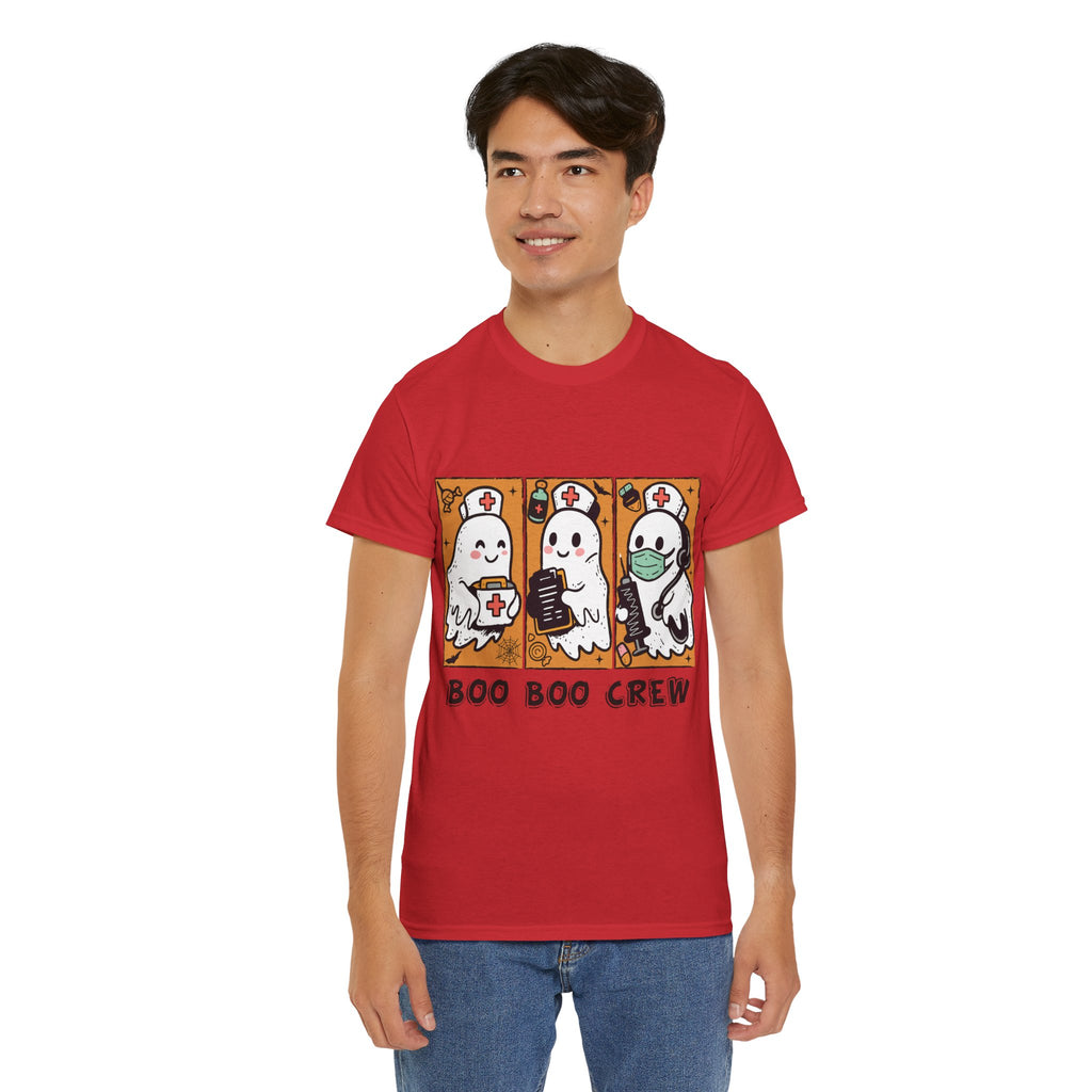 Halloween Nurse T-Shirt — Ghost Nurses Holding Medical Tools on Orange Unisec Cotton Tee