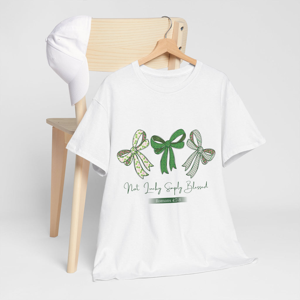 Not Lucky Simply Blessed Tee — Romans 4:7-8 Green Bow Christian Unisex Cotton T-Shirt