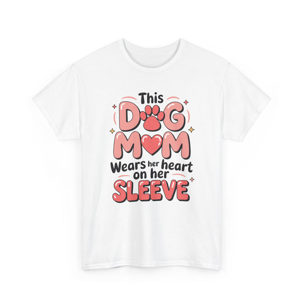 Dog Mom T-Shirt — "This Dog Mom Wears Her Heart on Her Sleeve" Paw & Heart Unisex Cotton Tee
