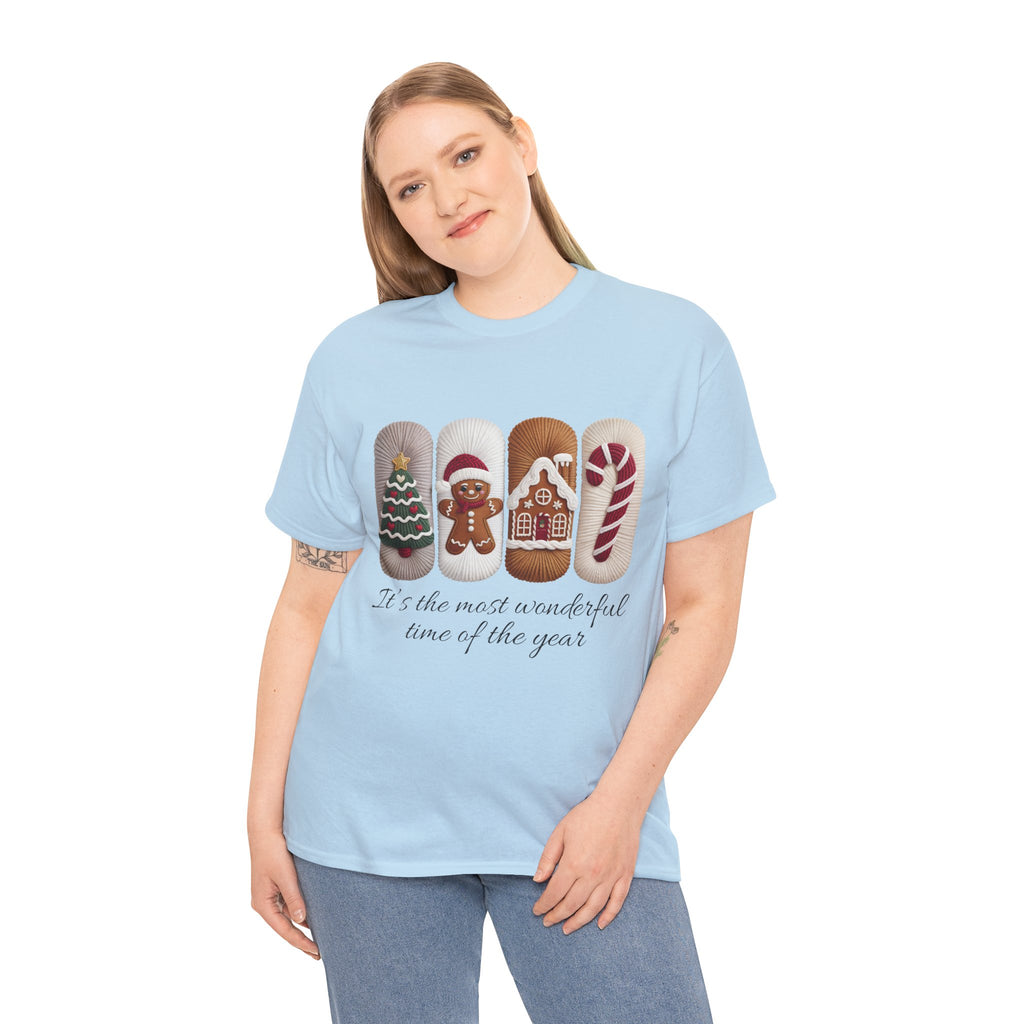 Christmas Faux-Yarn Tree Tee — Gingerbread House & Candy Cane Holiday Unisex Cotton T-Shirt