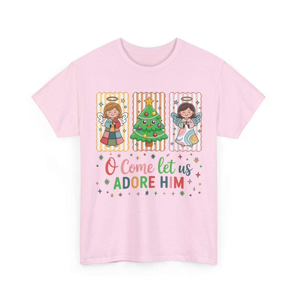 O Come Let Us Adore Him Christmas Tee — Smiling Angels & Happy Tree..Unisex Cotton Tee