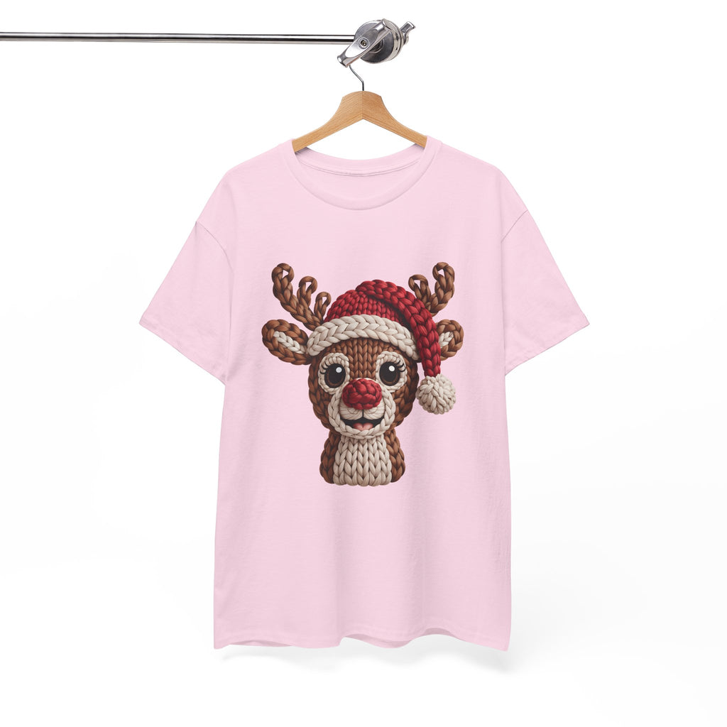 Reindeer in Santa Hat Cotton Tee — Joyful Faux-Yarn Holiday Unisex Coton T-Shirt