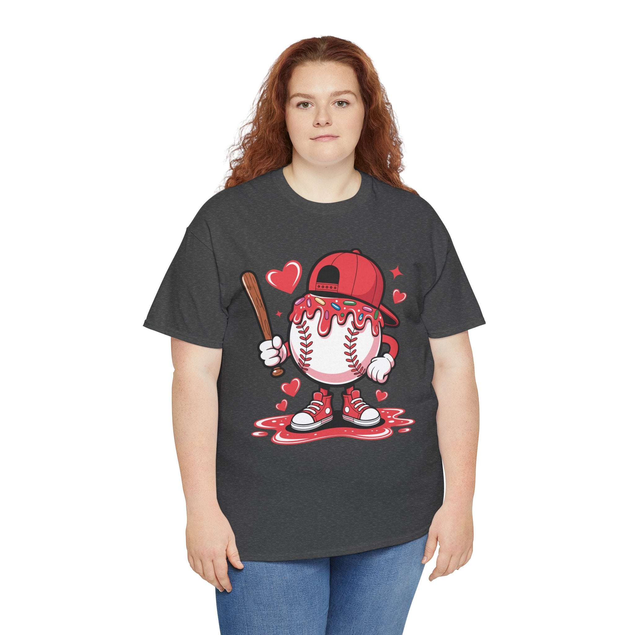 Cute Baseball Character T-Shirt — Red Cap & Icing Top Graphic with Hearts Unisex Cotton Tee
