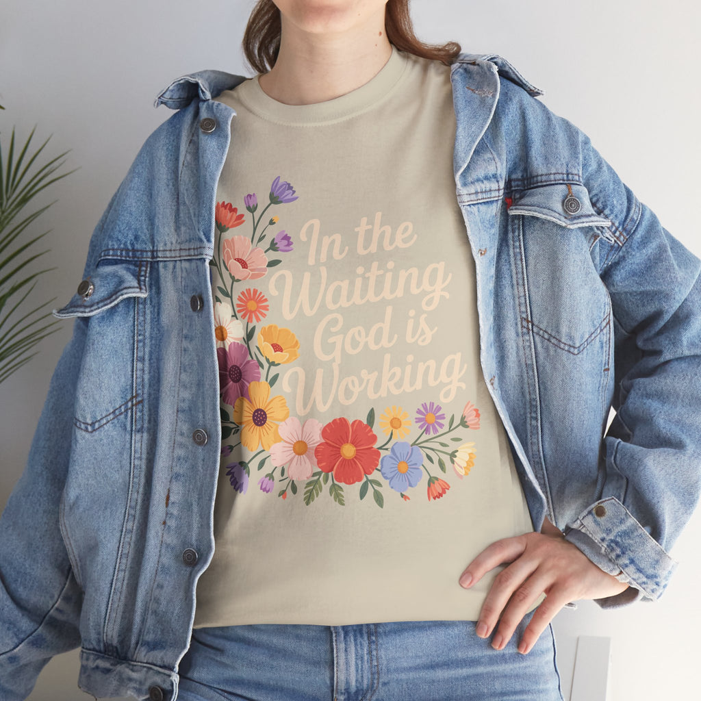 Pastel Floral “In the Waiting God Is Working” Unisex Cotton T-Shirt