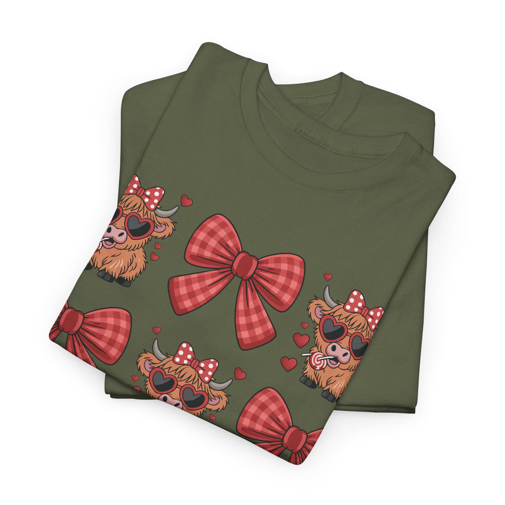 Valentine Cow Checkered Tee — Fluffy Cows with Heart Sunglasses & Red Bows..Unisex Cotton Tee