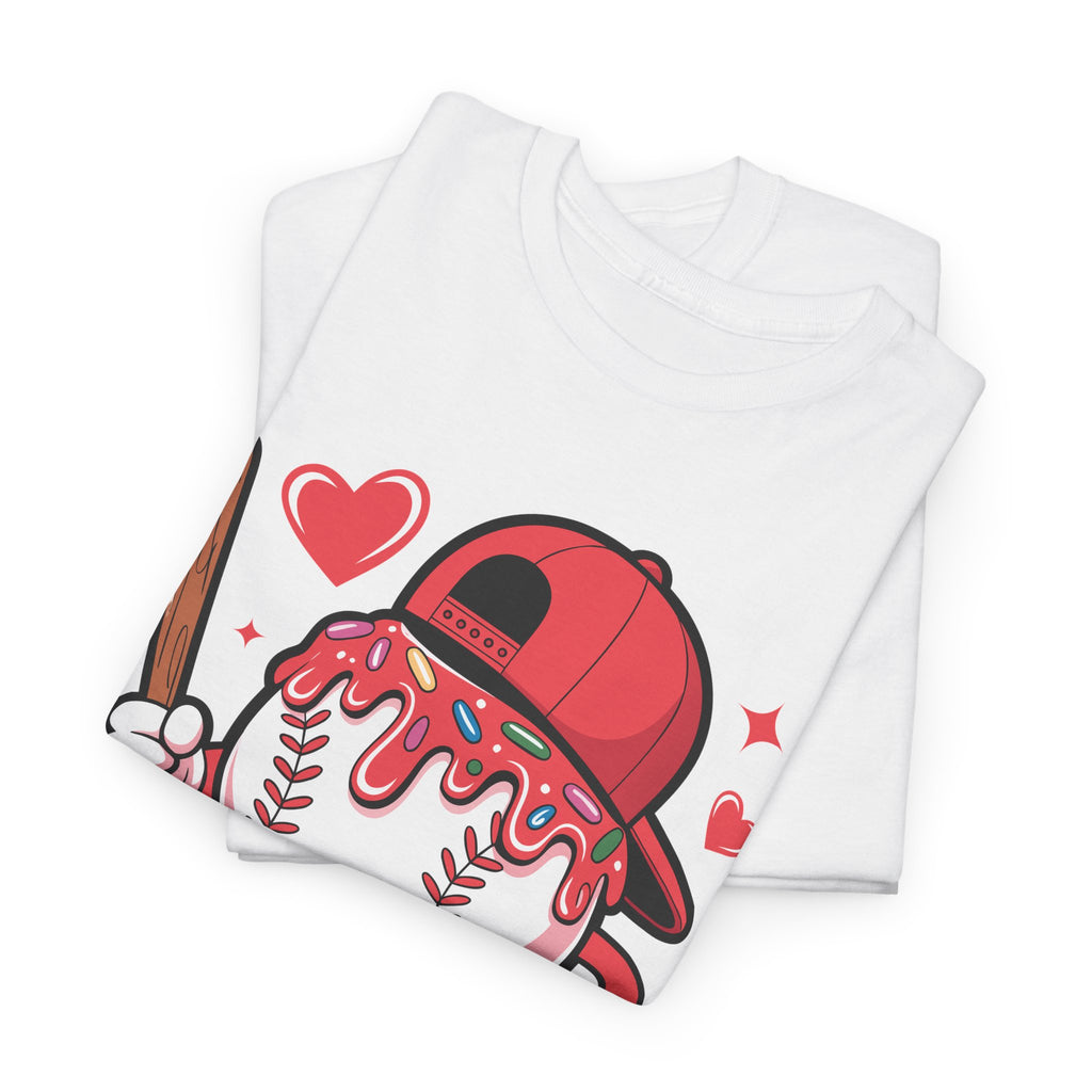 Cute Baseball Character T-Shirt — Red Cap & Icing Top Graphic with Hearts Unisex Cotton Tee