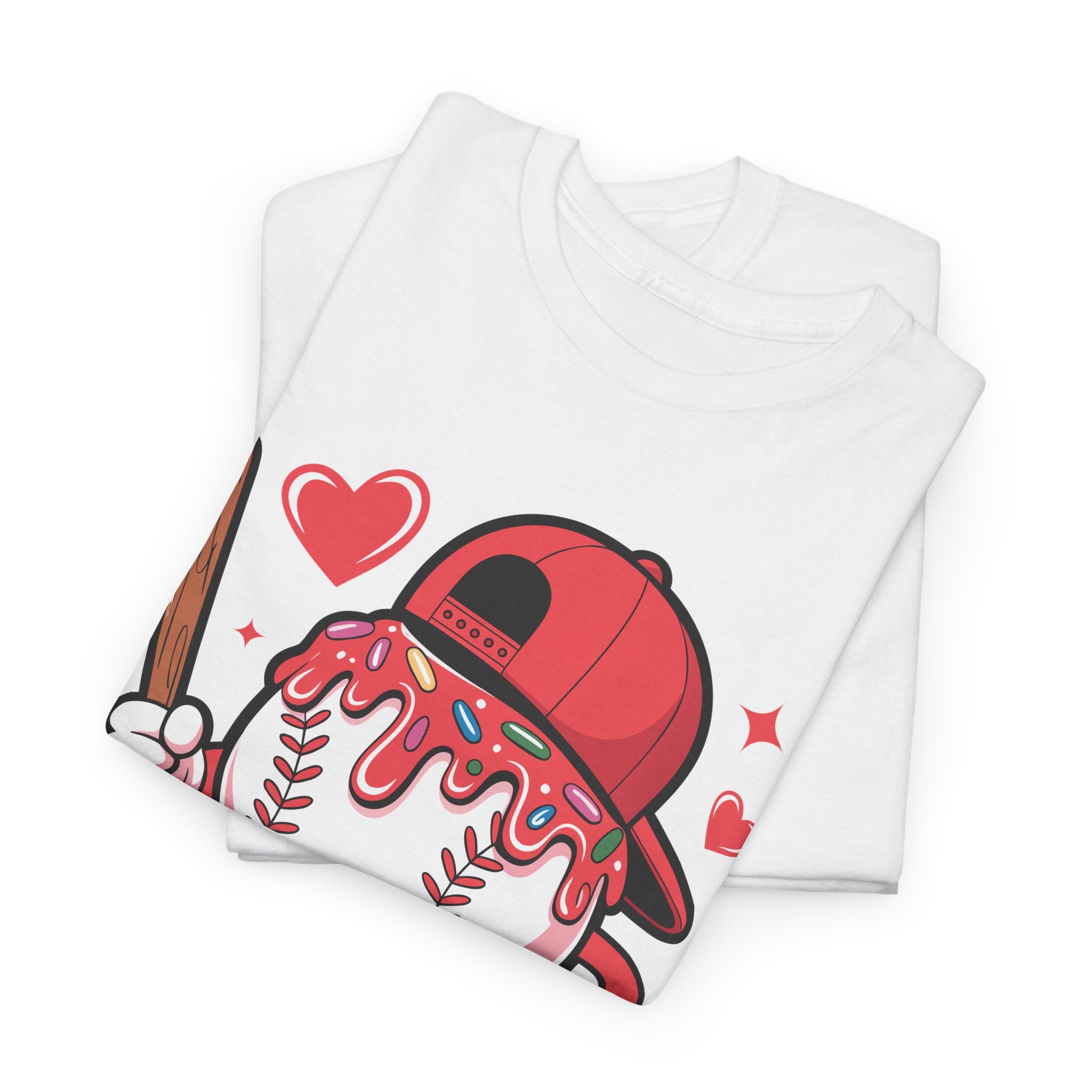 Cute Baseball Character T-Shirt — Red Cap & Icing Top Graphic with Hearts Unisex Cotton Tee