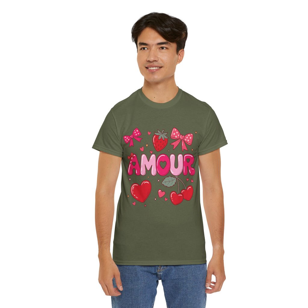 Amour Pink Hearts Tee — Shiny Lettering with Bows, Cherries & Strawberry Accent...Unisex Cotton Tee
