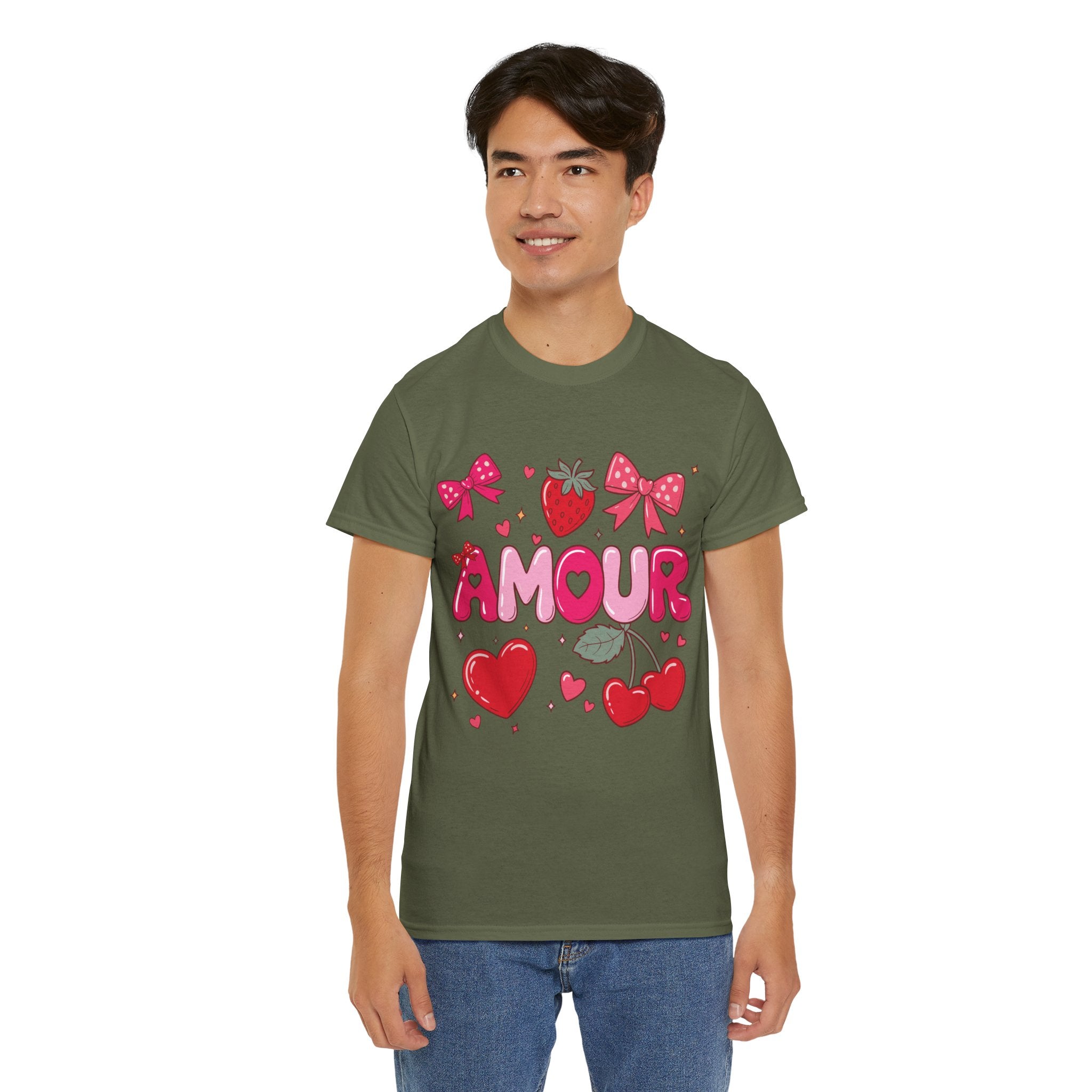 Amour Pink Hearts Tee — Shiny Lettering with Bows, Cherries & Strawberry Accent...Unisex Cotton Tee