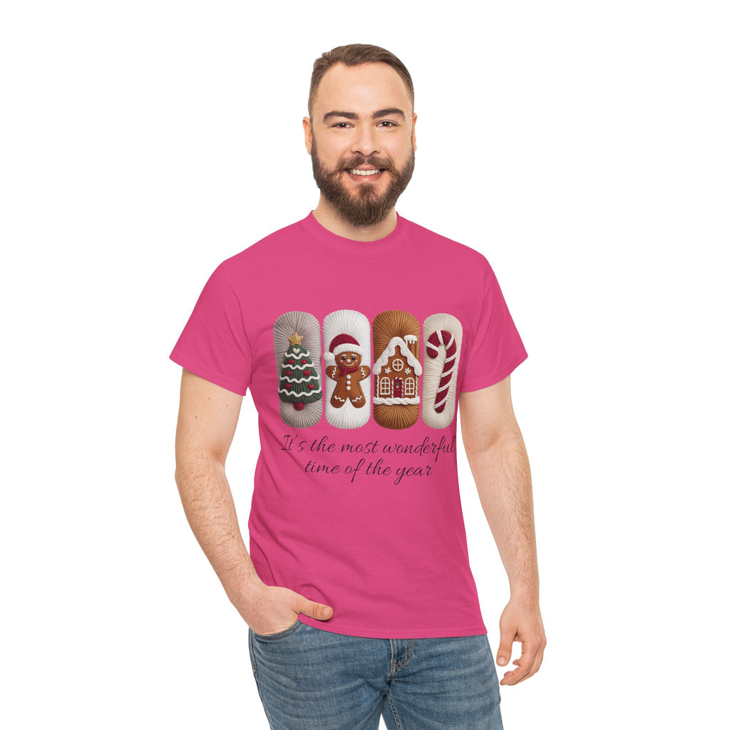 Christmas Faux-Yarn Tree Tee — Gingerbread House & Candy Cane Holiday Unisex Cotton T-Shirt