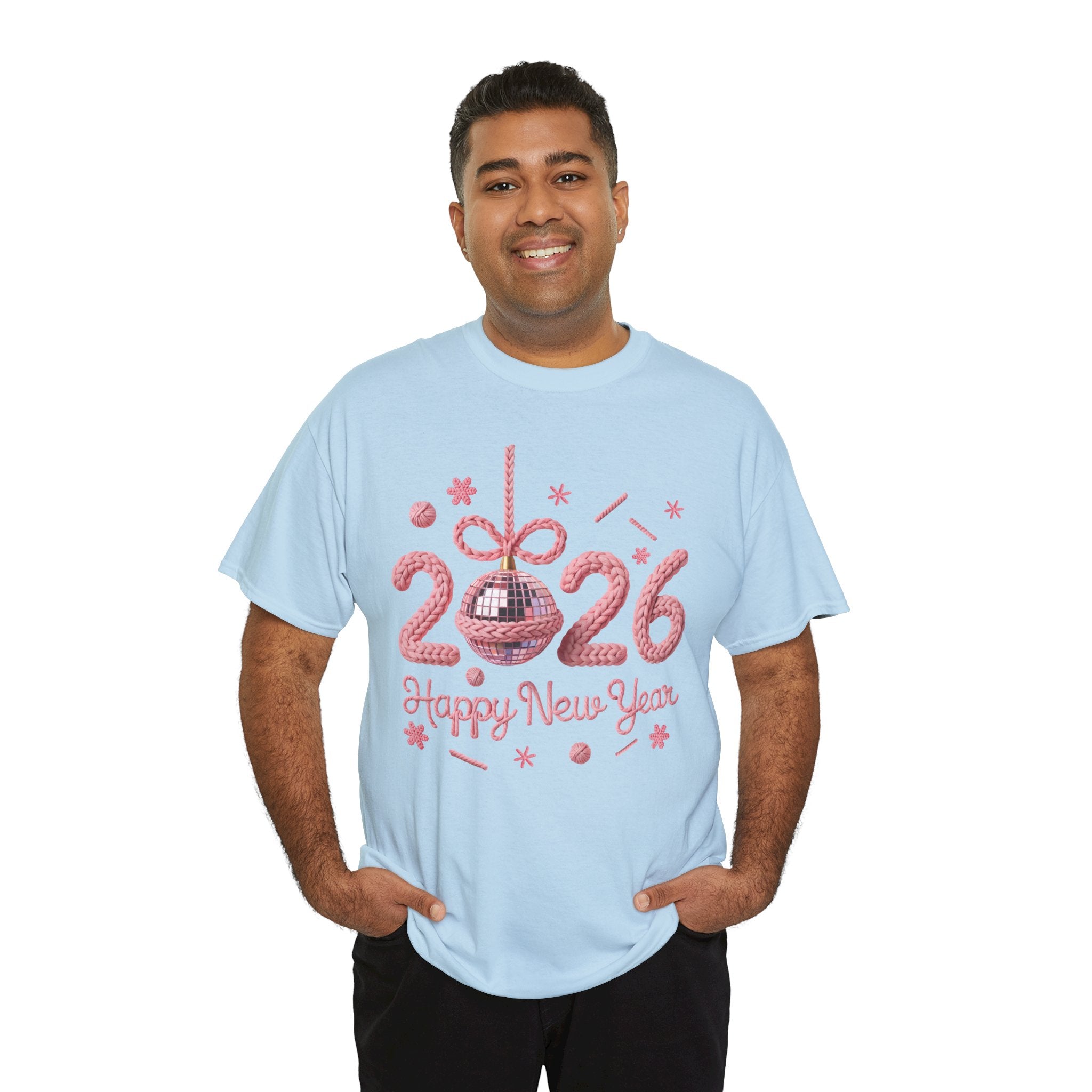 2026 Happy New Year Pink Knitted Disco Ball Unisex Cotton Tee