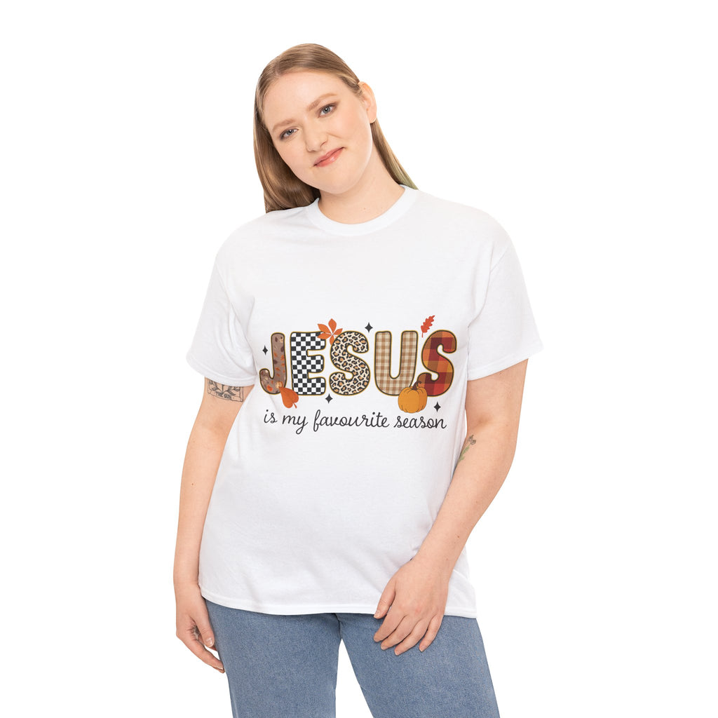 Jesus Is My Favorite Season Tee — Autumn Plaid & Leopard Lettering Unisex Cotton Tee