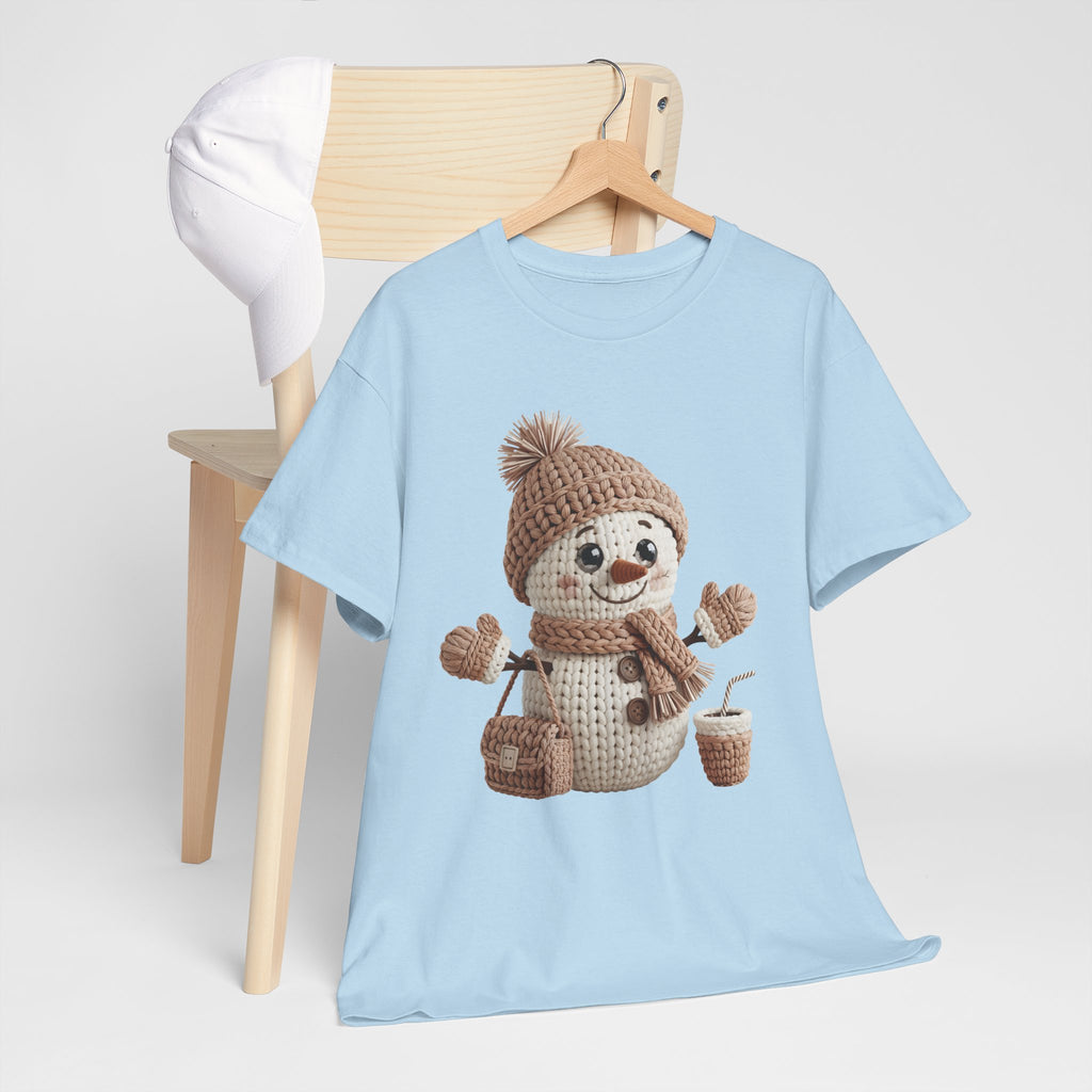 Snowman Knit‑Style Graphic Tee — Cute Faux‑Yarn Snowman with Hat, Scarf & Mittens.Unisex Cotton Tee