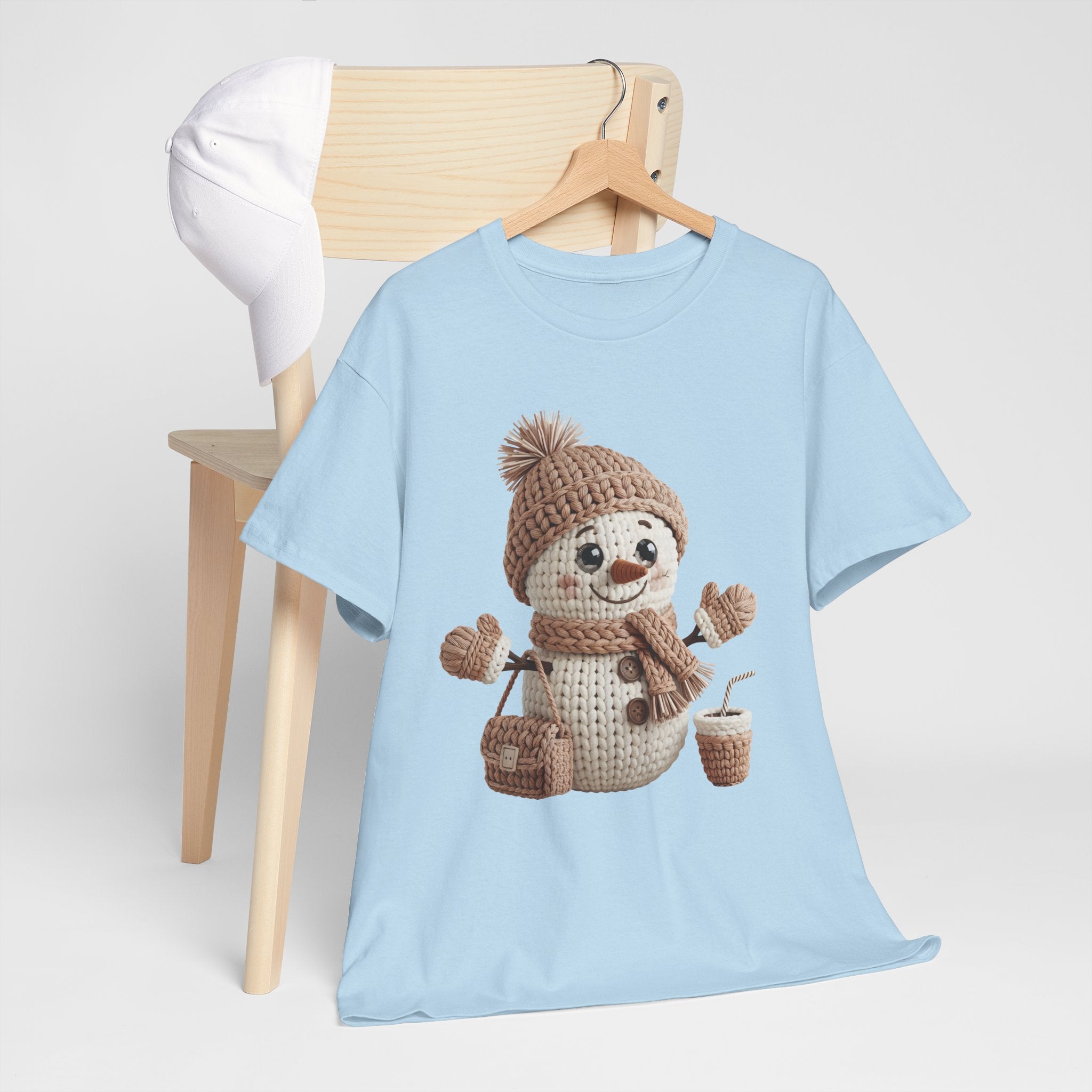 Snowman Knit‑Style Graphic Tee — Cute Faux‑Yarn Snowman with Hat, Scarf & Mittens.Unisex Cotton Tee