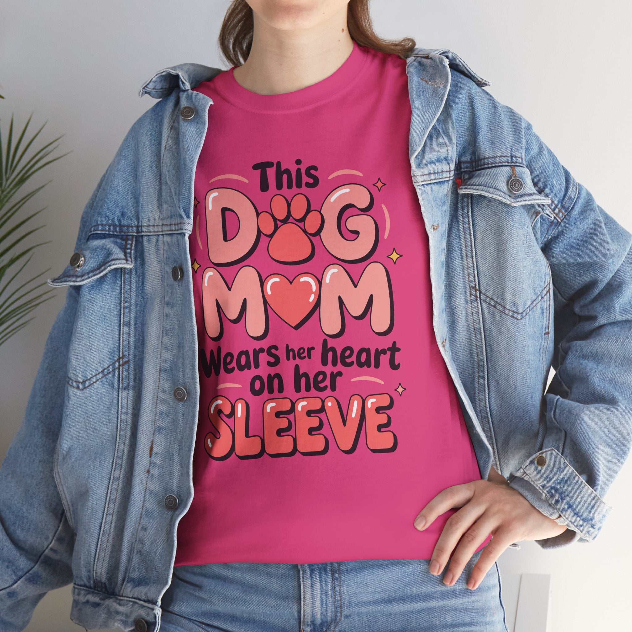 Dog Mom T-Shirt — "This Dog Mom Wears Her Heart on Her Sleeve" Paw & Heart Unisex Cotton Tee