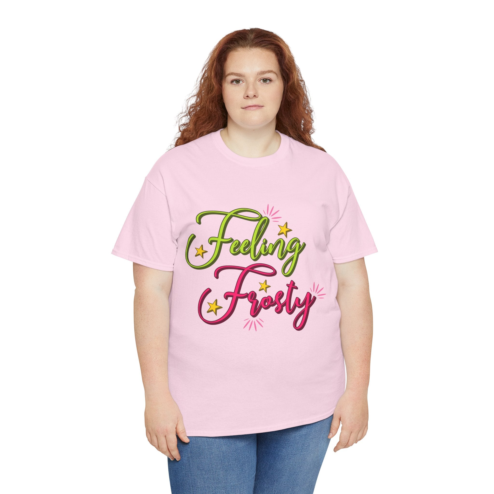 Feeling Frosty Holiday T-Shirt — Green & Pink Script Stars.Unisex Cotton Tee